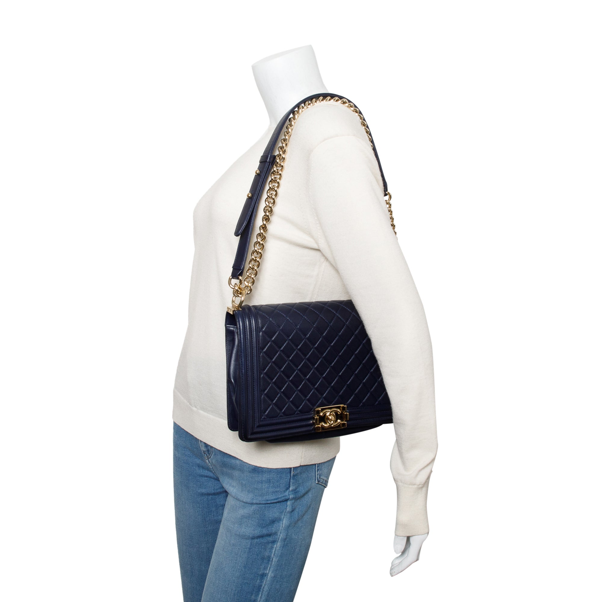 Chanel Navy Quilted Lambskin Leather Large Boy Bag