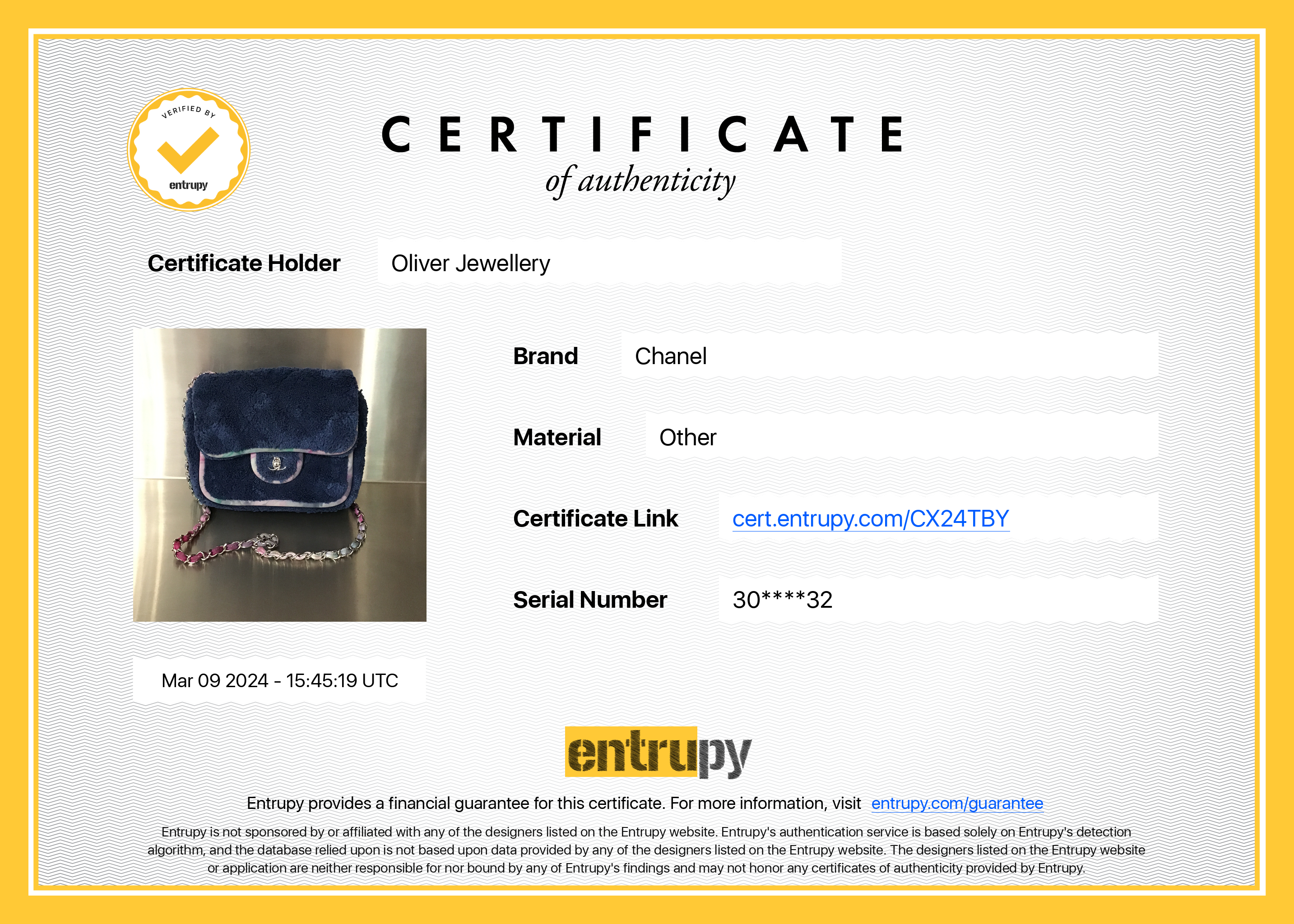 Chanel Navy Quilted Terry Cloth Small Square Flap Bag w/ Authenticity Card