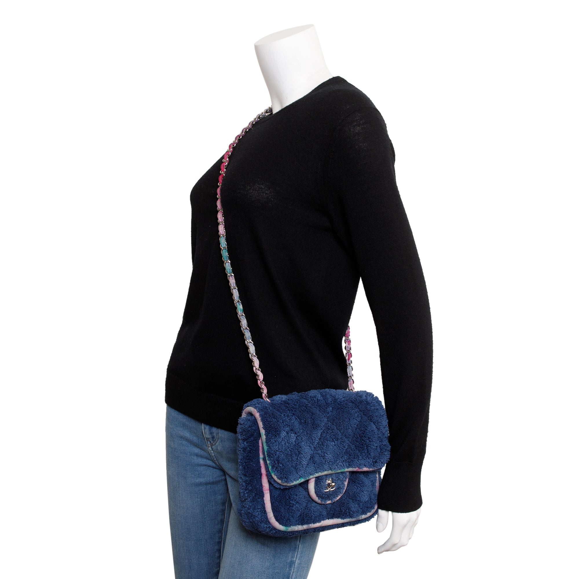 Chanel Navy Quilted Terry Cloth Small Square Flap Bag w/ Authenticity Card