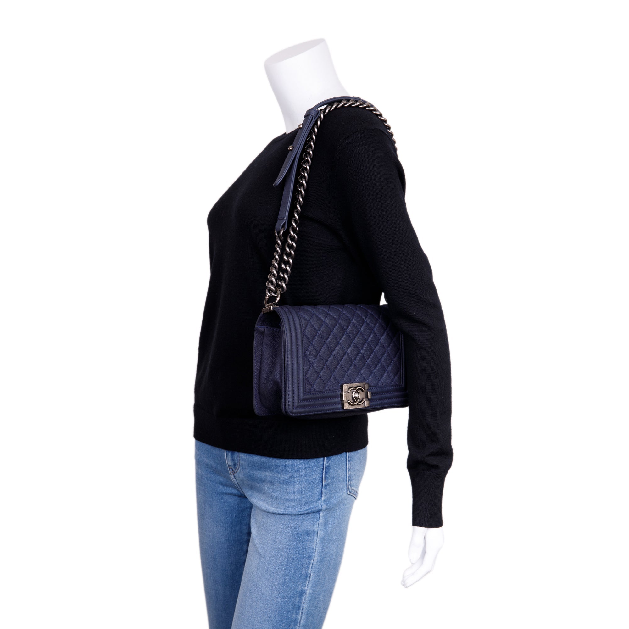 Chanel Navy Suede Calfskin Medium Boy Bag w/ Box