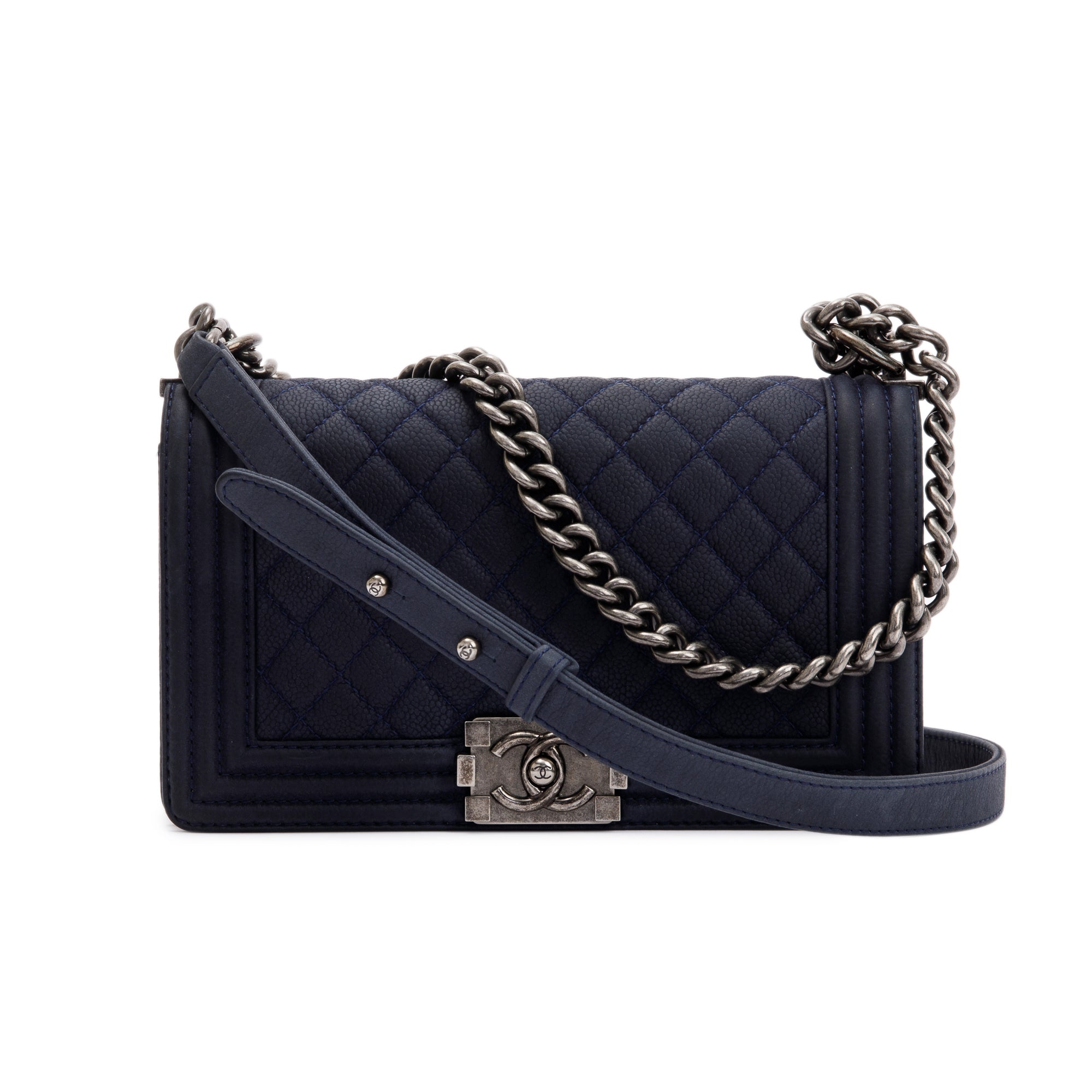 Chanel Navy Suede Calfskin Medium Boy Bag w/ Box