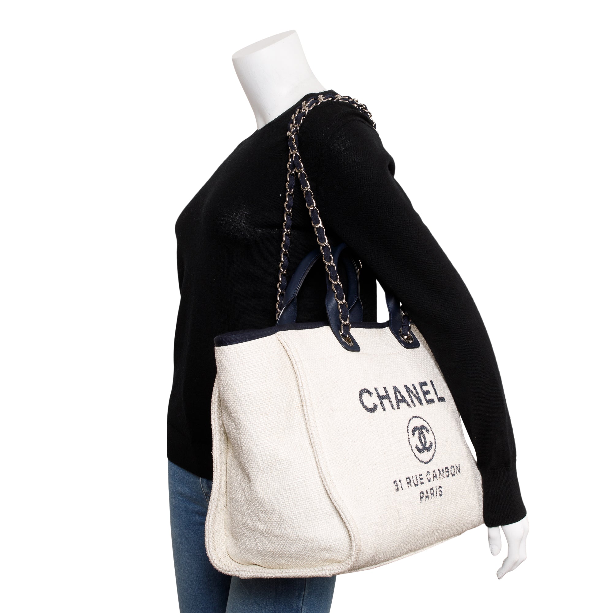 Chanel Neutral Canvas Navy Calfskin Medium Deauville Tote w/ Authenticity Card
