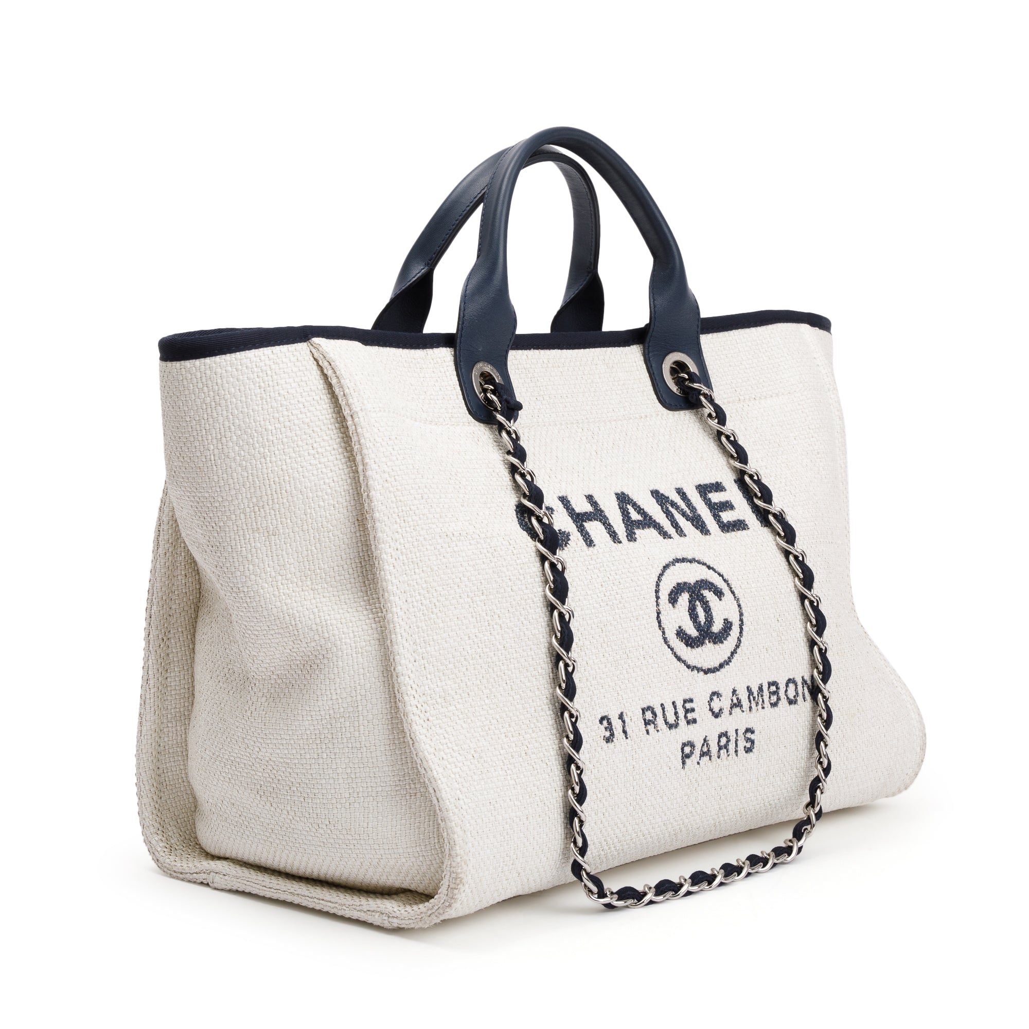 Chanel Neutral Canvas Navy Calfskin Medium Deauville Tote w/ Authenticity Card