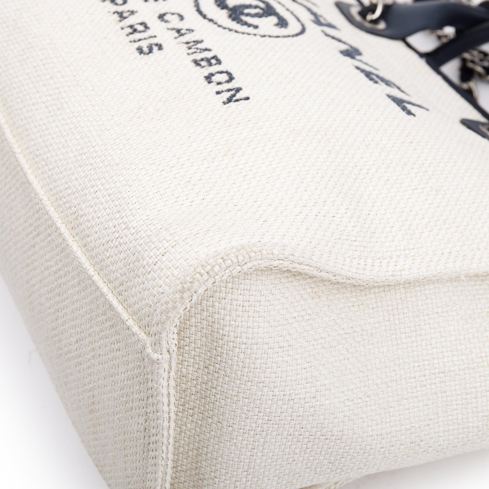 Chanel Neutral Canvas Navy Calfskin Medium Deauville Tote w/ Authenticity Card