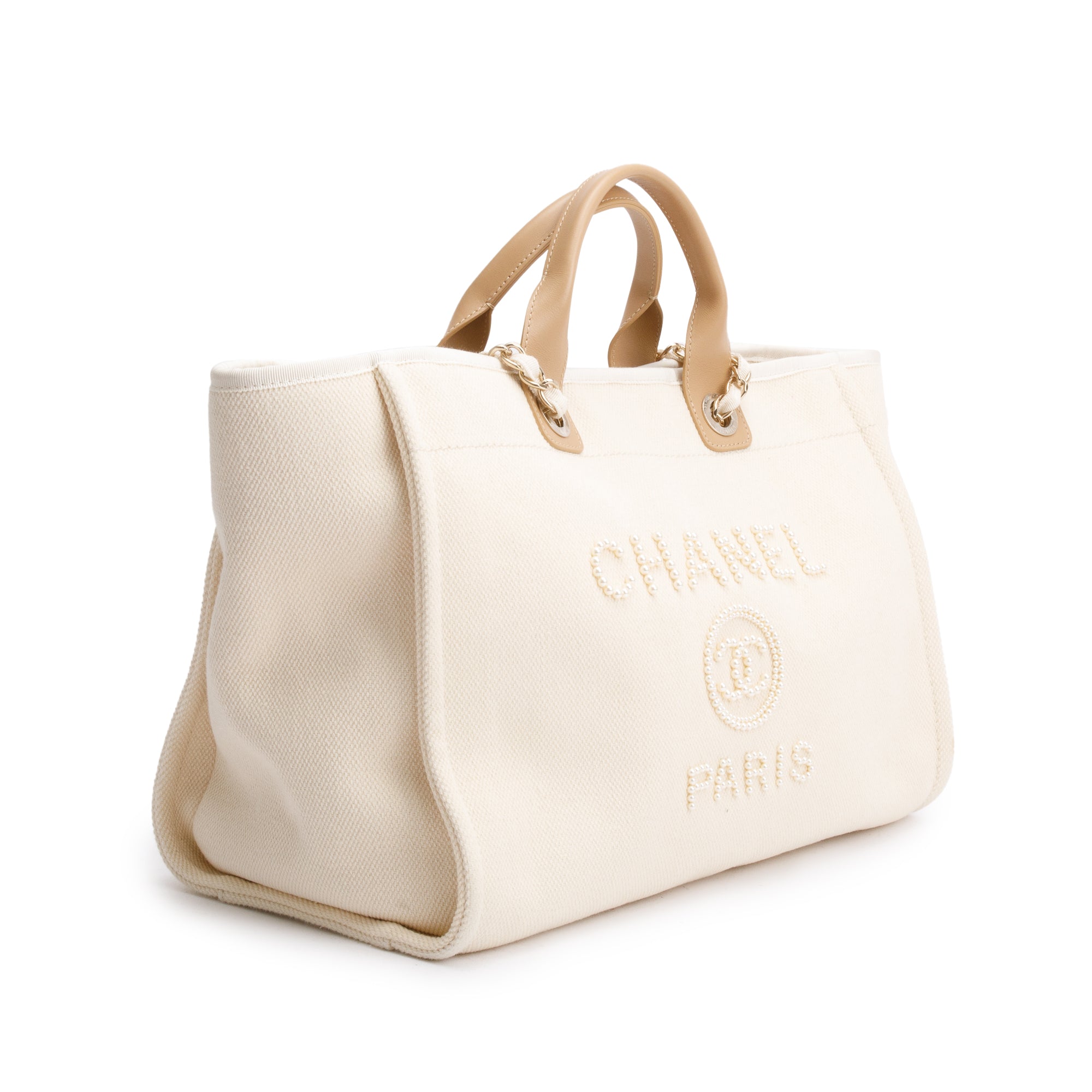 Chanel Neutral Canvas Tan Calfskin Pearl Medium Deauville Shopping