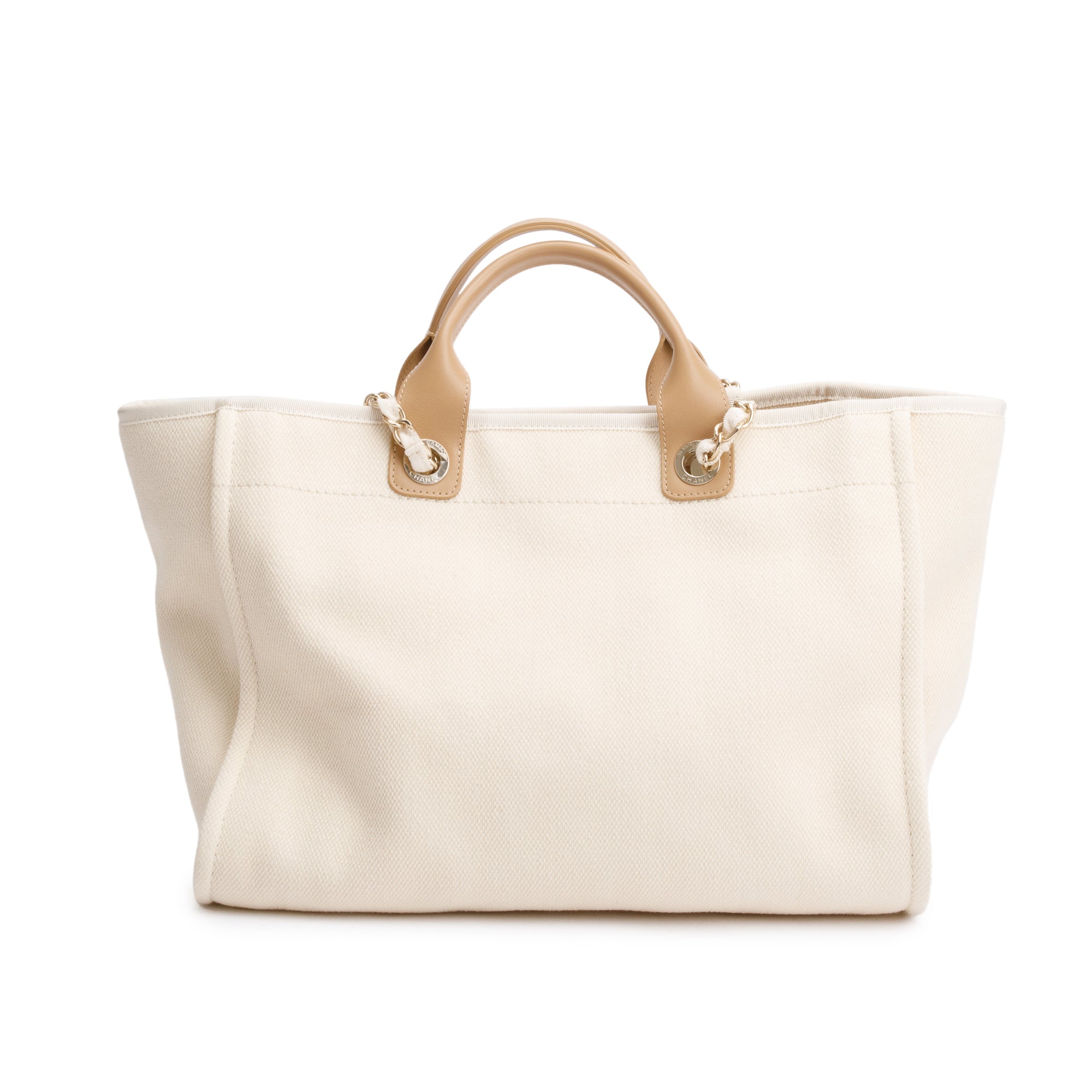 Chanel Neutral Canvas Tan Calfskin Pearl Medium Deauville Shopping Tote w/ Authenticity Card
