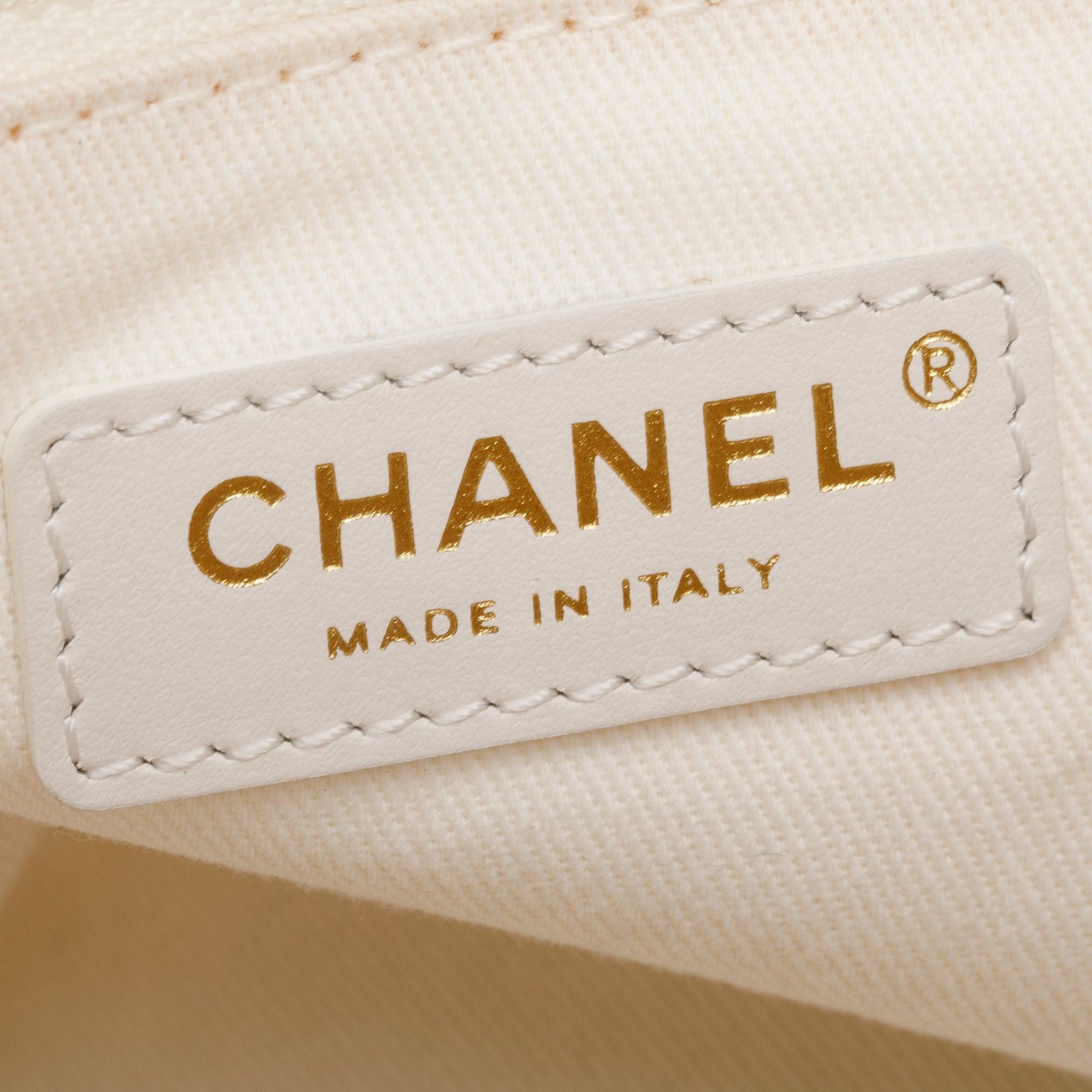 Chanel Neutral Canvas Tan Calfskin Pearl Medium Deauville Shopping Tote w/ Authenticity Card