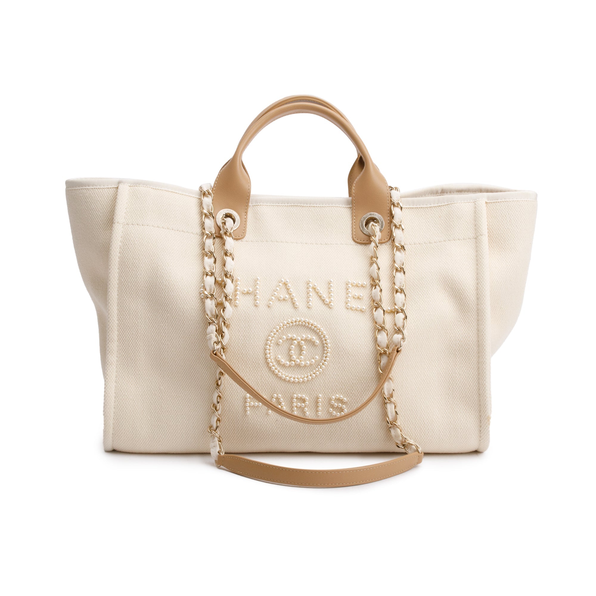 Chanel Neutral Canvas Tan Calfskin Pearl Medium Deauville Shopping Tote w/ Authenticity Card