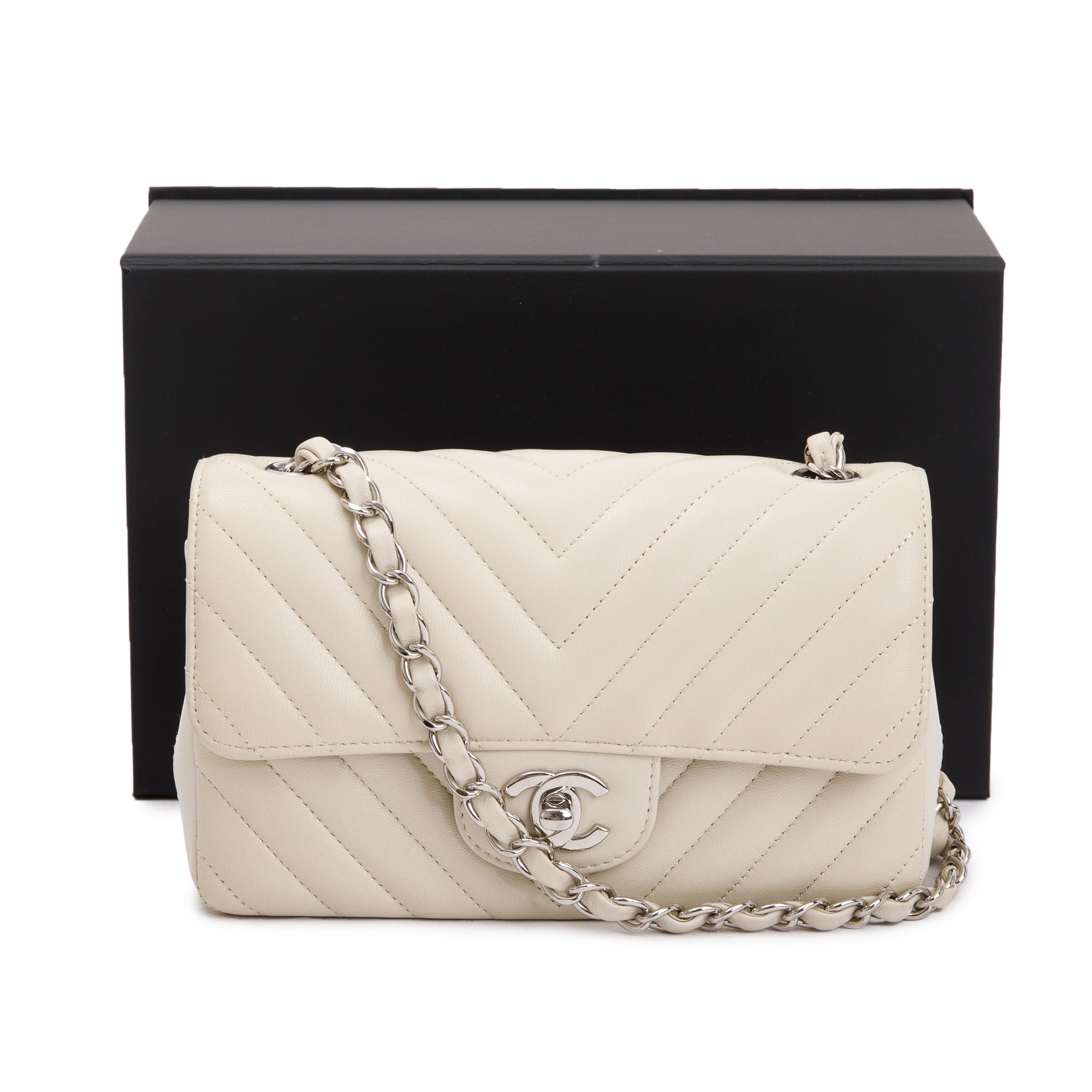 Chanel Neutral Chevron Quilted Lambskin Classic Mini Rectangular Flap Bag w/ Box & Authenticity Card