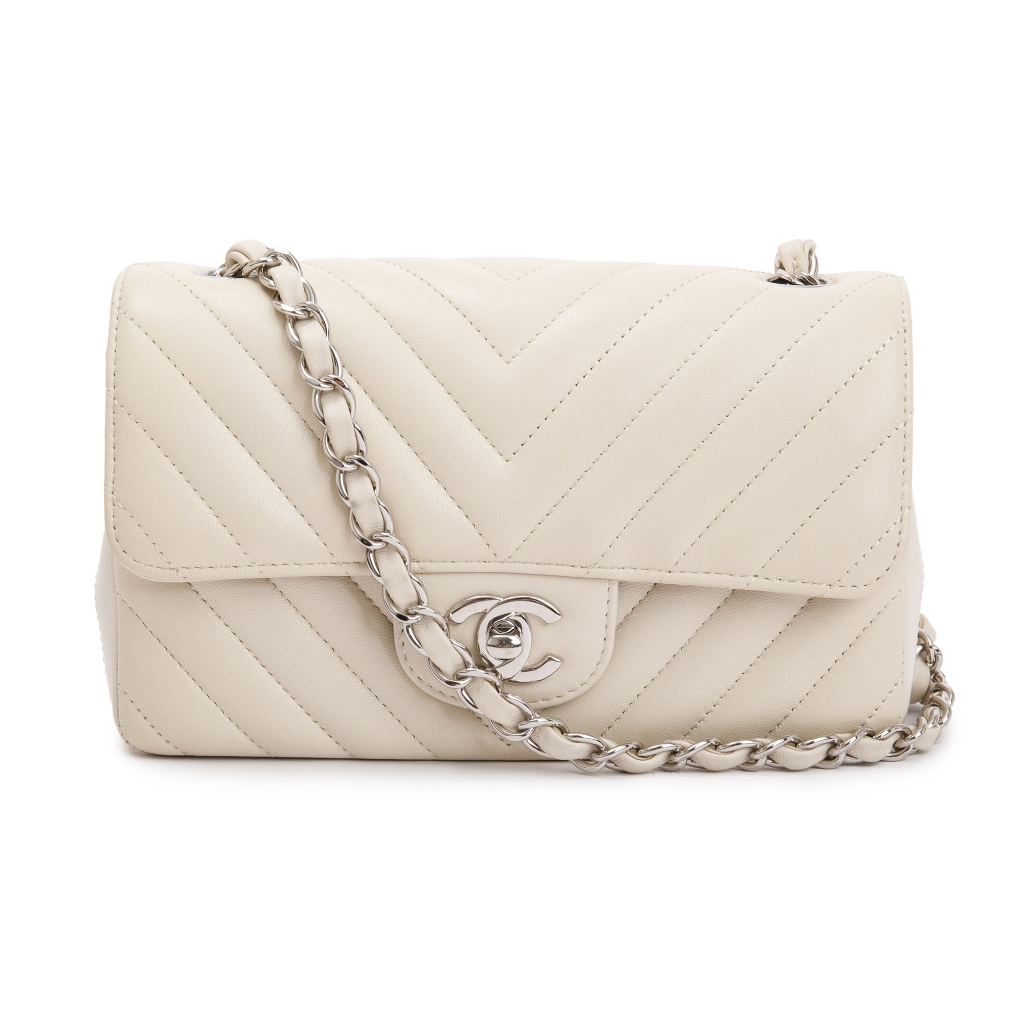 Chanel Neutral Chevron Quilted Lambskin Classic Mini Rectangular Flap Bag w/ Box & Authenticity Card
