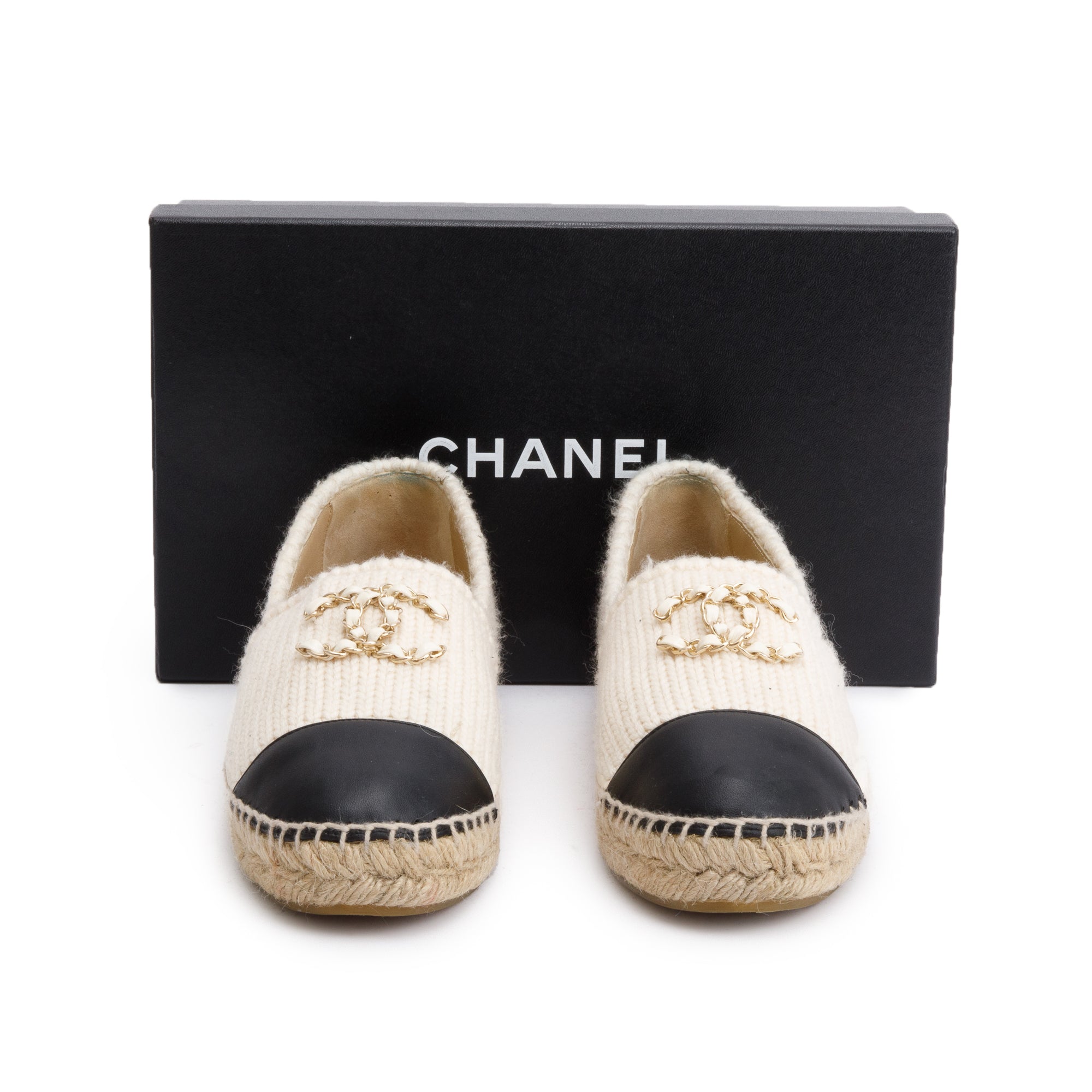 Chanel Neutral Wool Black Leather CC Logo Espadrilles, Size 40 w/ Box