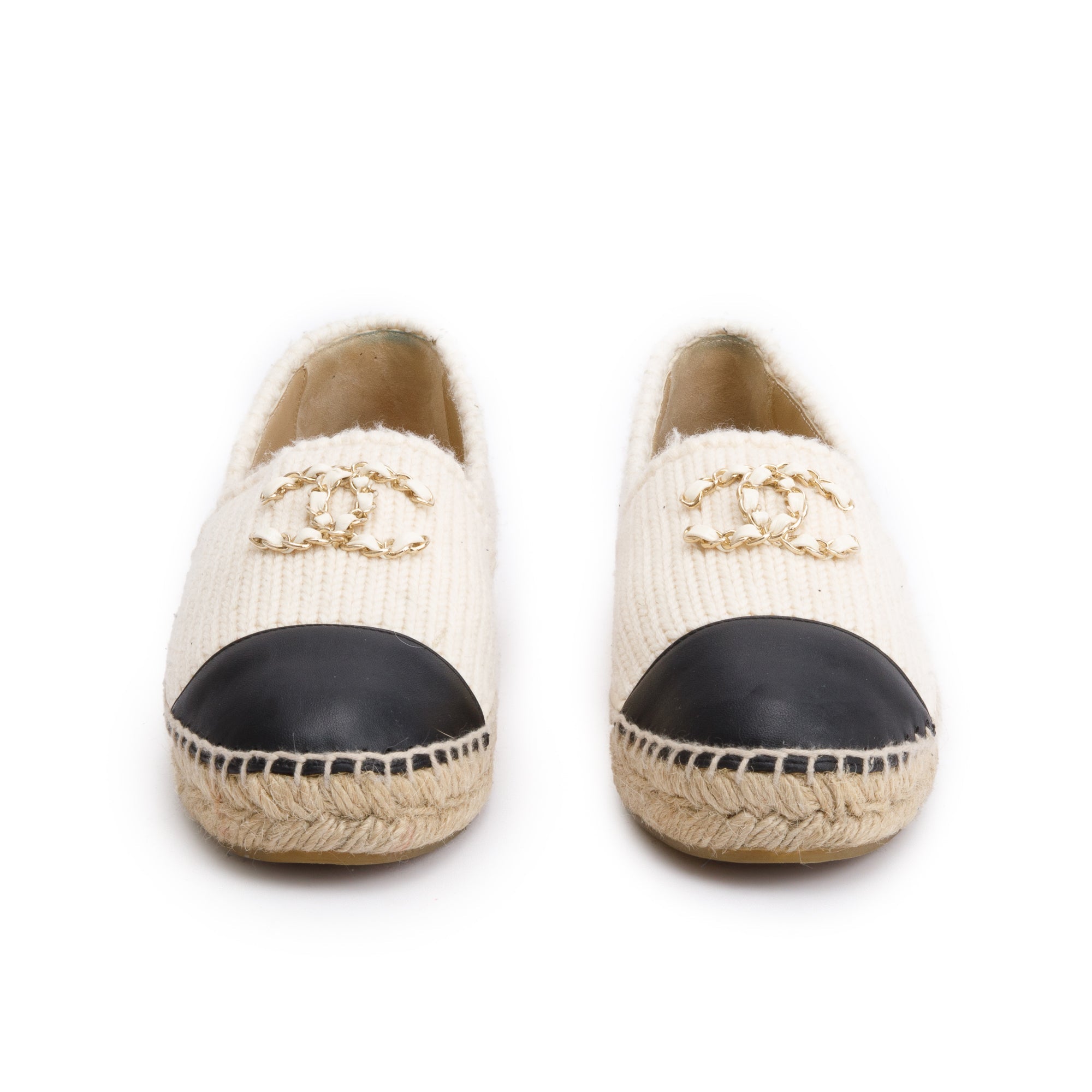 Chanel Neutral Wool Black Leather CC Logo Espadrilles, Size 40 w/ Box