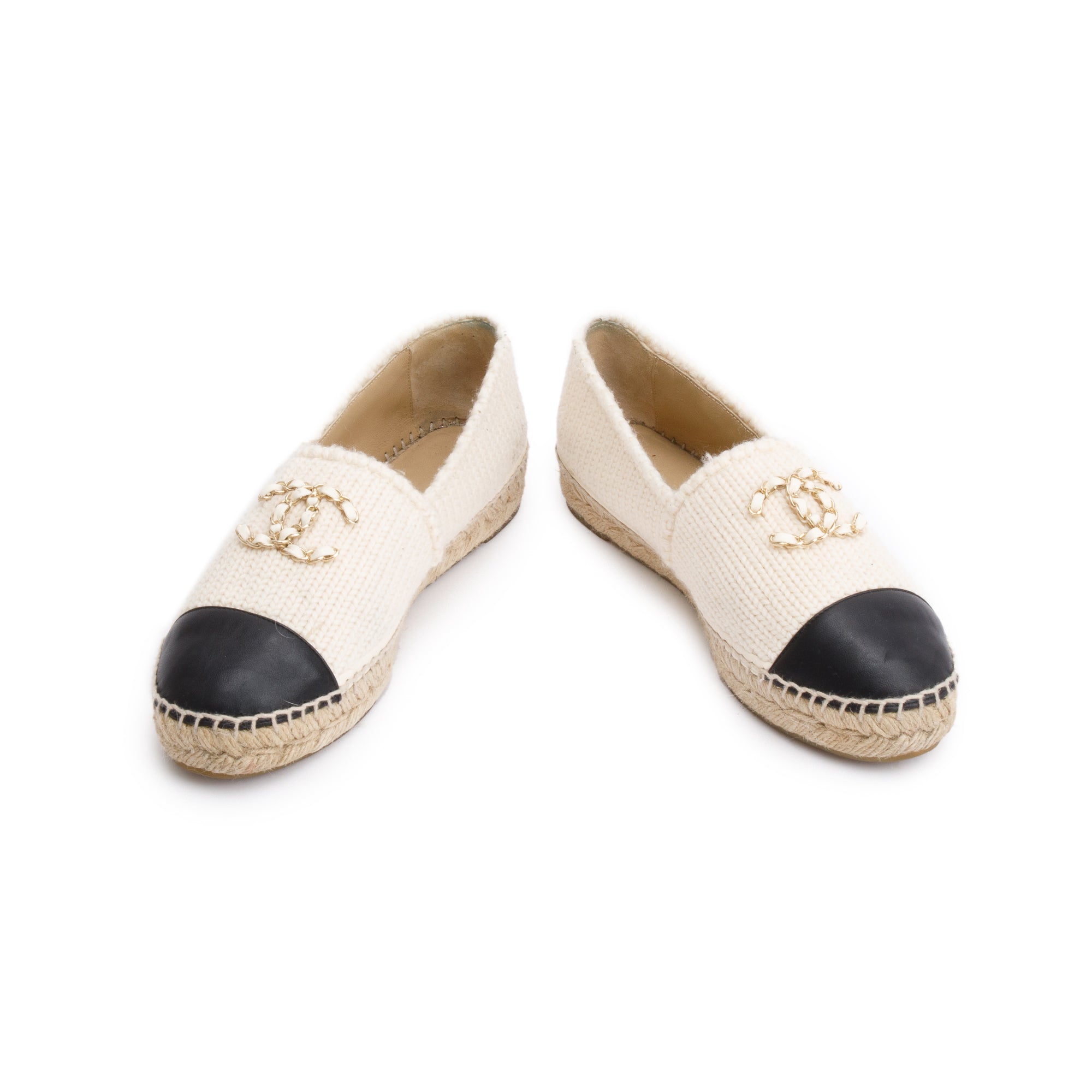 Chanel Neutral Wool Black Leather CC Logo Espadrilles, Size 40 w/ Box