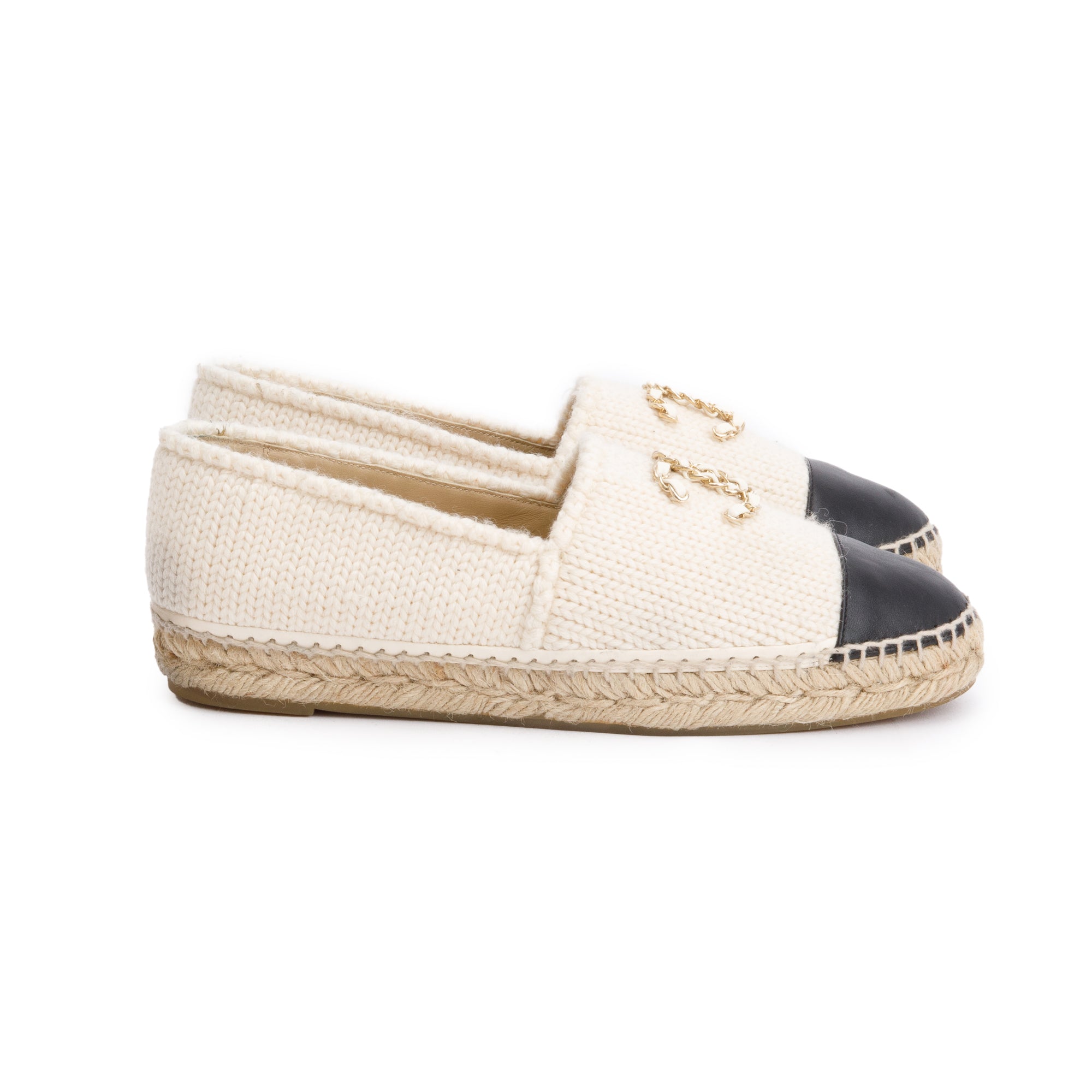 Chanel Neutral Wool Black Leather CC Logo Espadrilles, Size 40 w/ Box