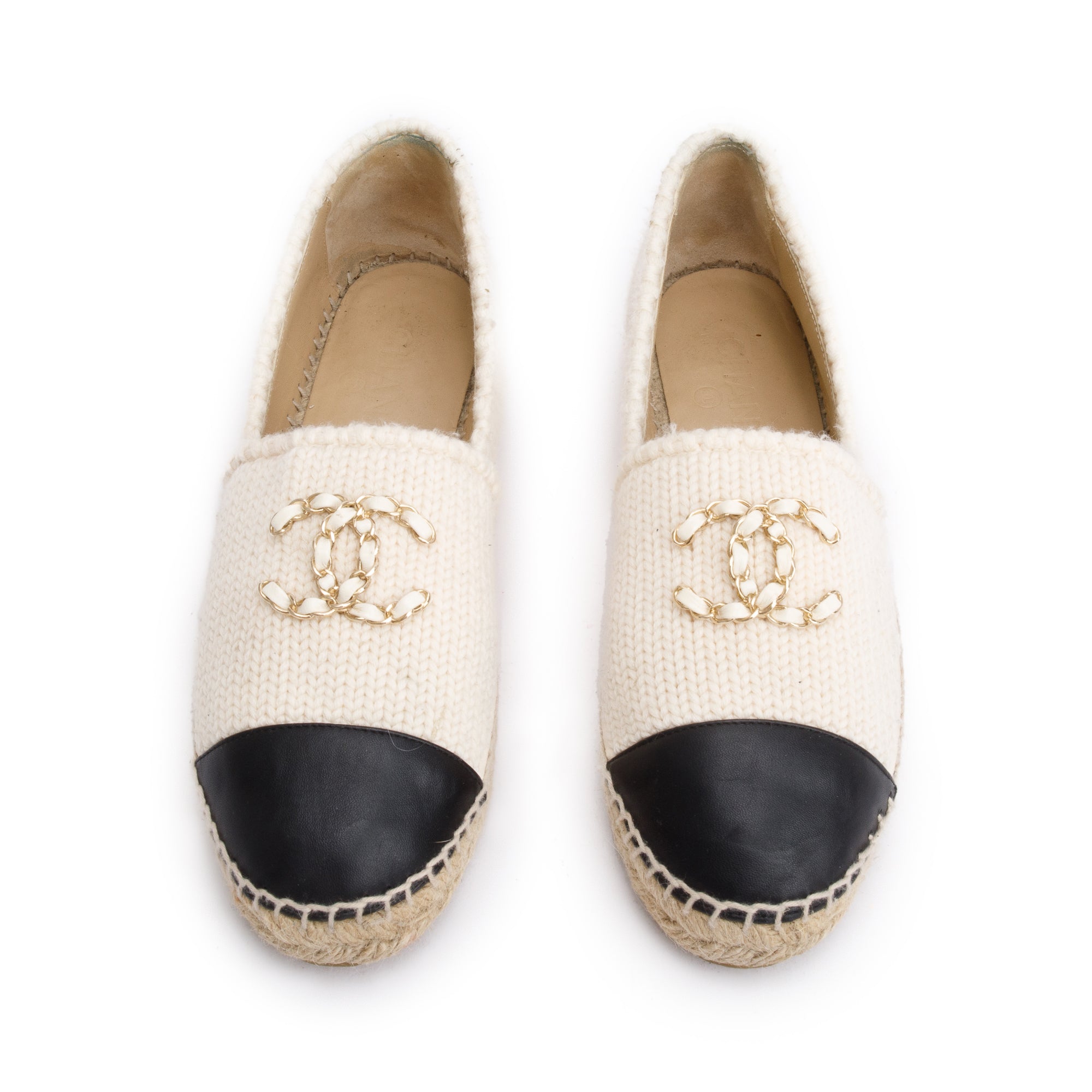 Chanel Neutral Wool Black Leather CC Logo Espadrilles, Size 40 w/ Box