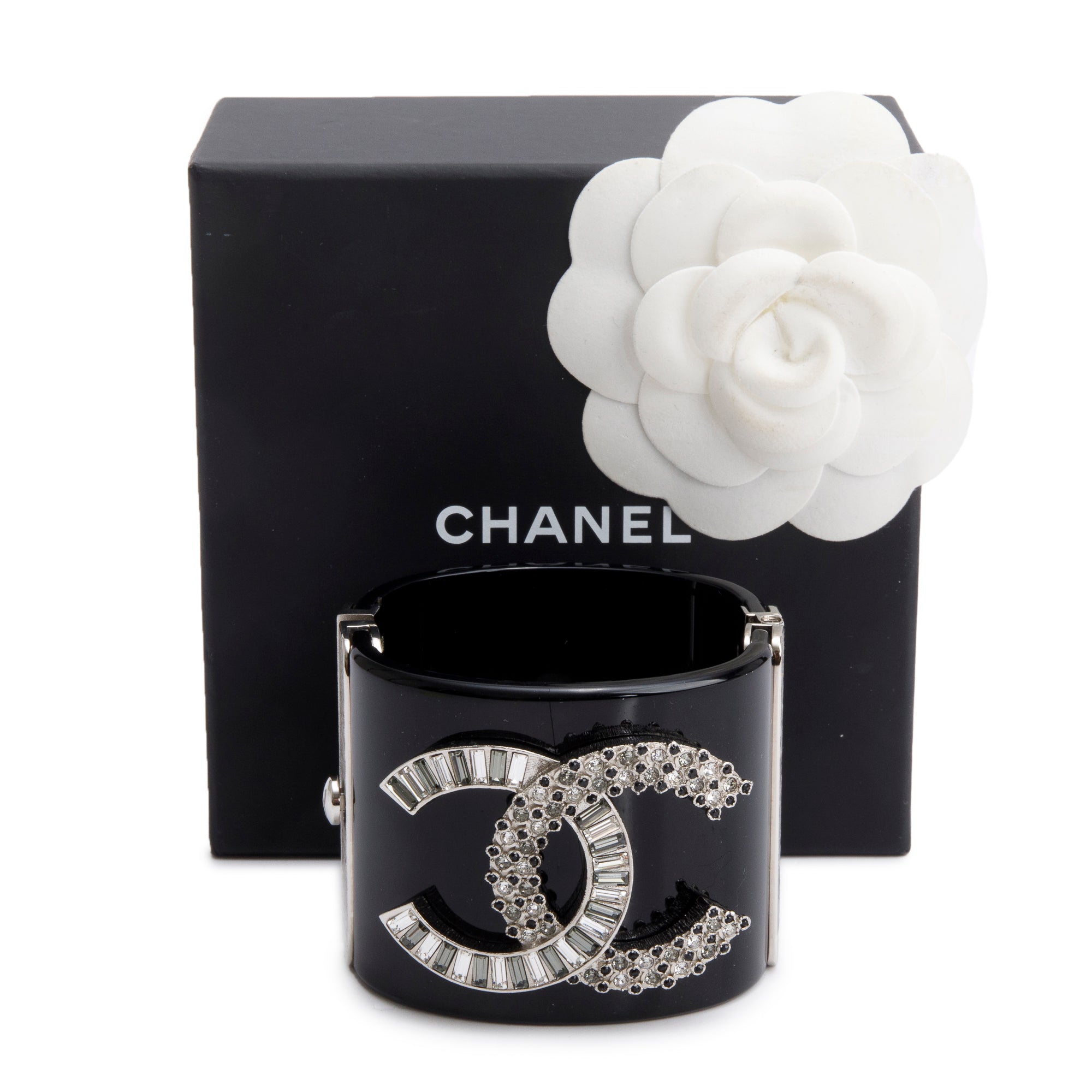 Chanel Palladium-Plated Black Resin Strass CC Hinged Bangle Bracelet w/ Box