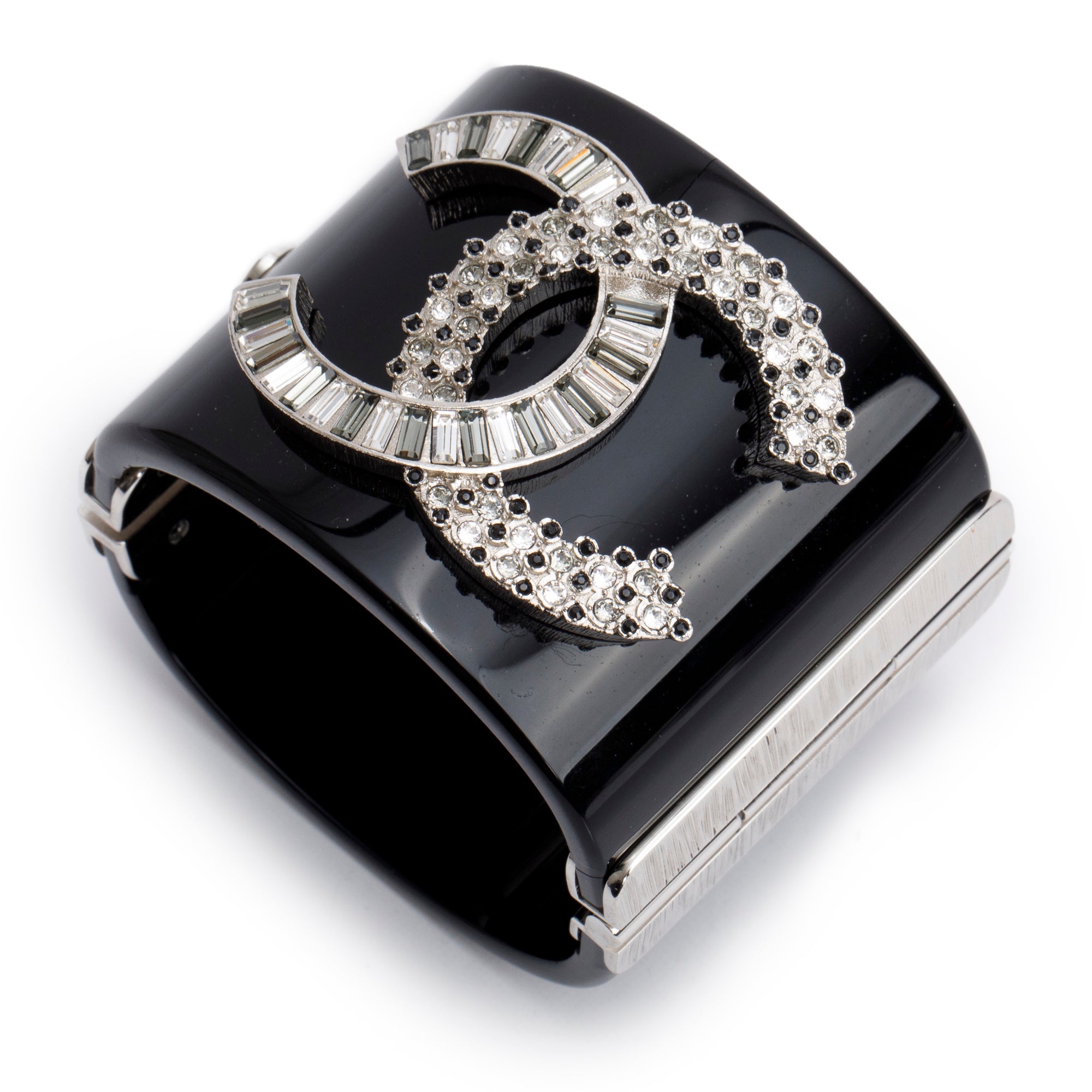 Chanel Palladium-Plated Black Resin Strass CC Hinged Bangle Bracelet w/ Box