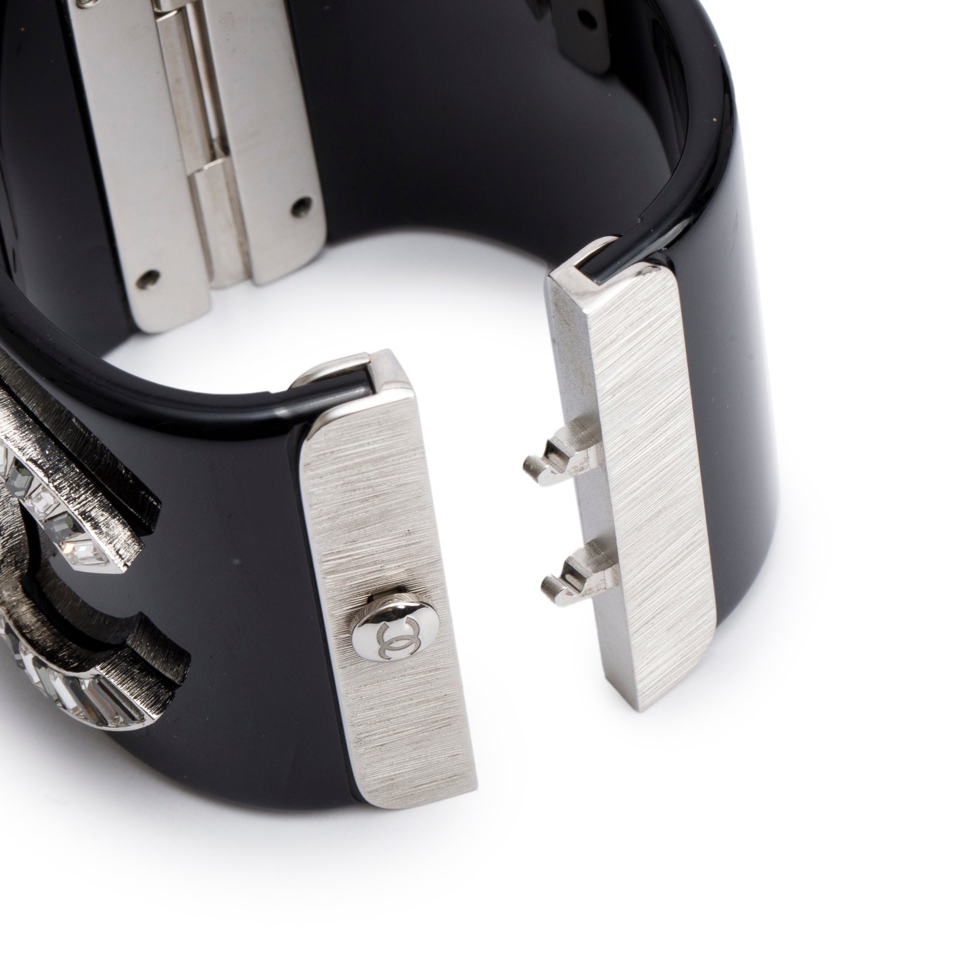 Chanel Palladium-Plated Black Resin Strass CC Hinged Bangle Bracelet w/ Box