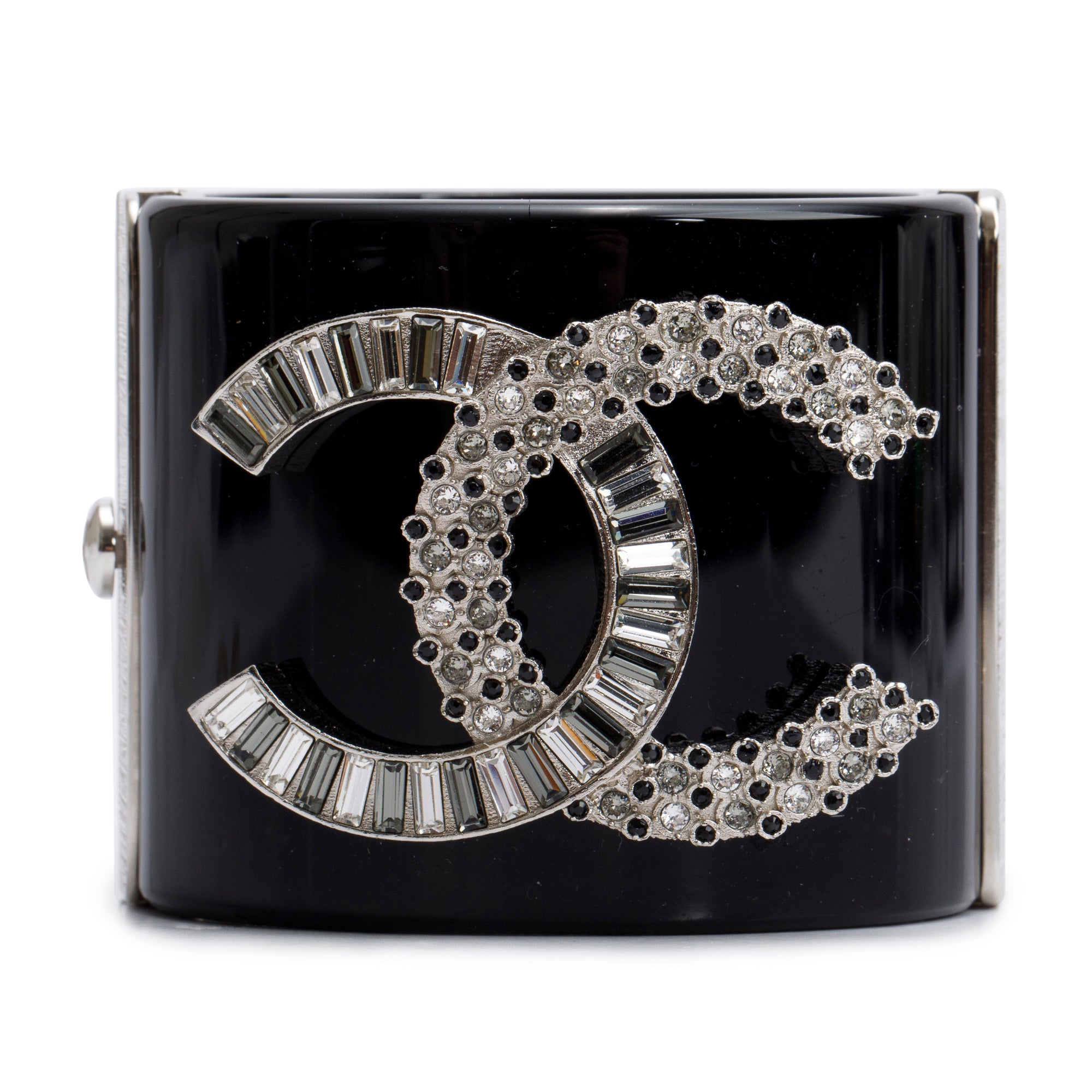 Chanel Palladium-Plated Black Resin Strass CC Hinged Bangle Bracelet w/ Box