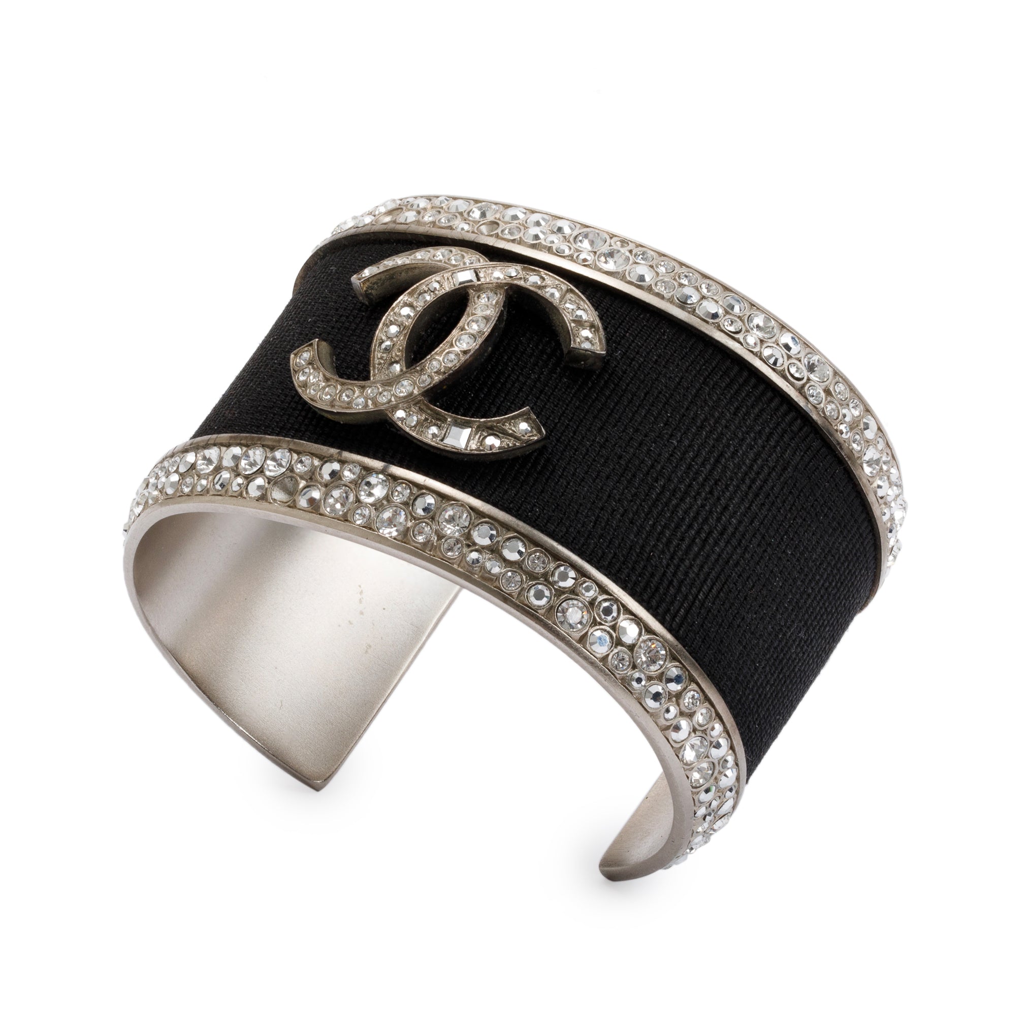 Chanel Palladium Plated Black Ribbon & Strass Cuff Bracelet