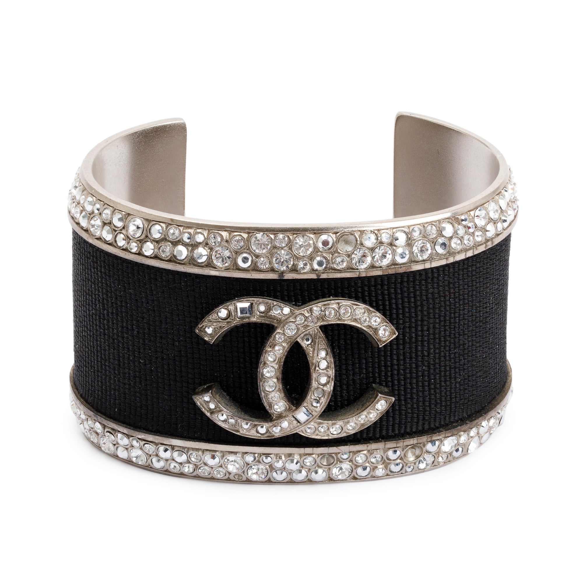 Chanel Palladium Plated Black Ribbon & Strass Cuff Bracelet
