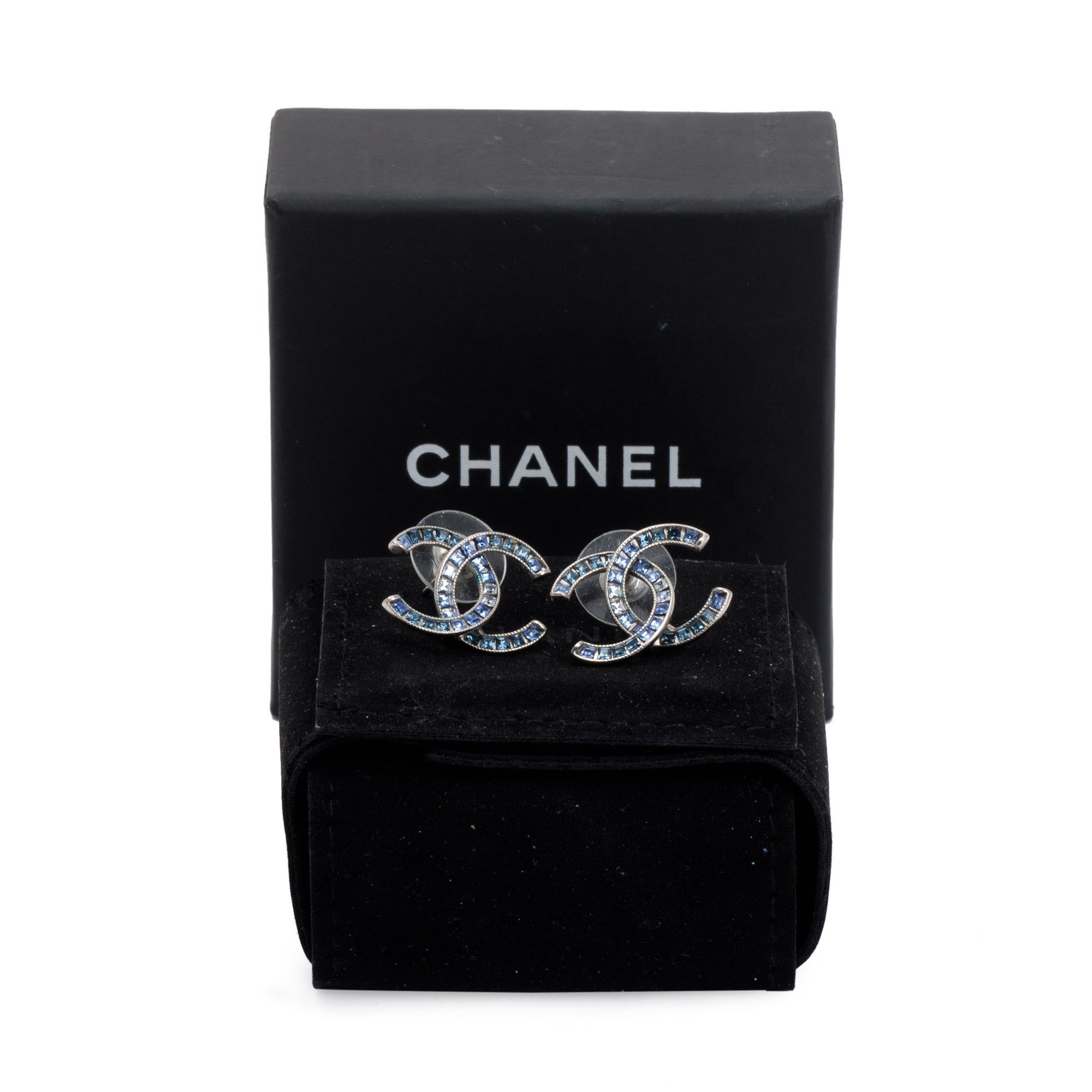Chanel Palladium Plated Blue Strass CC Stud Earrings w/ Box