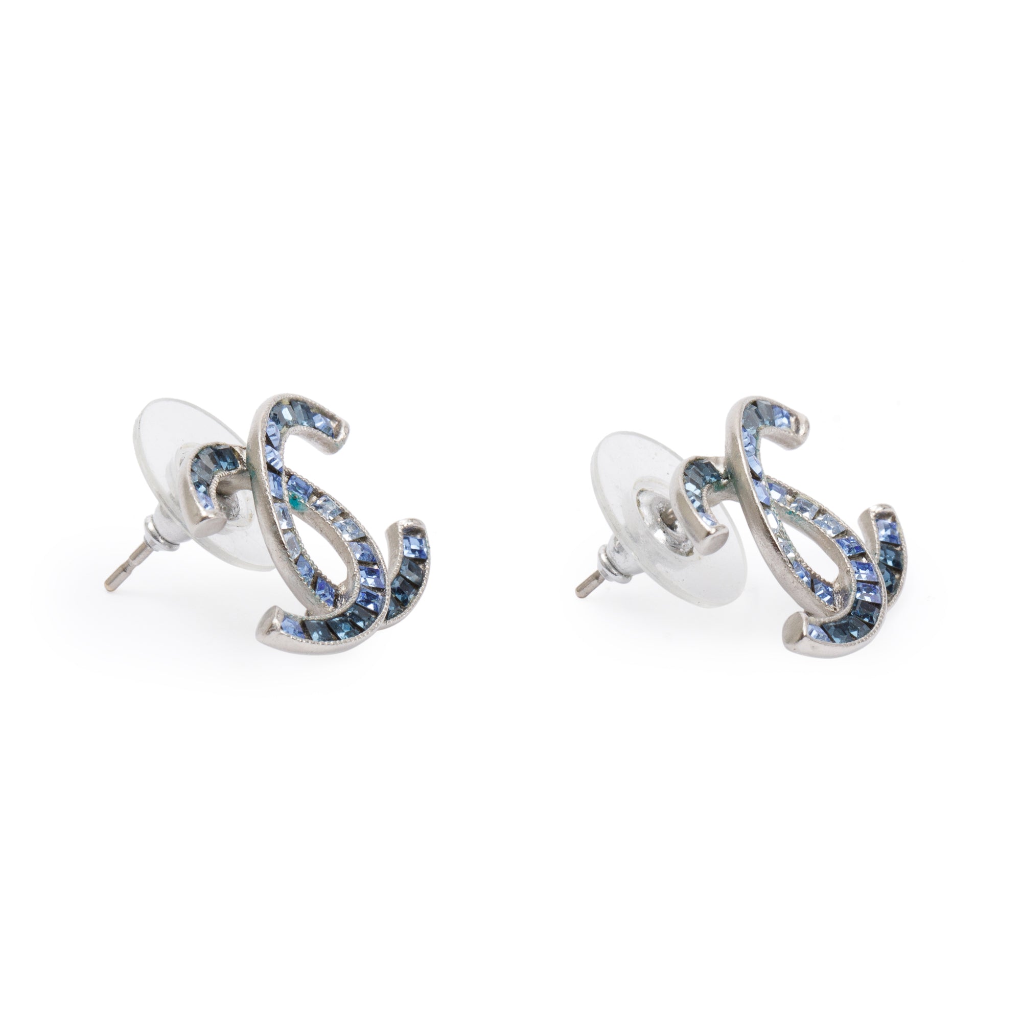 Chanel Palladium Plated Blue Strass CC Stud Earrings w/ Box