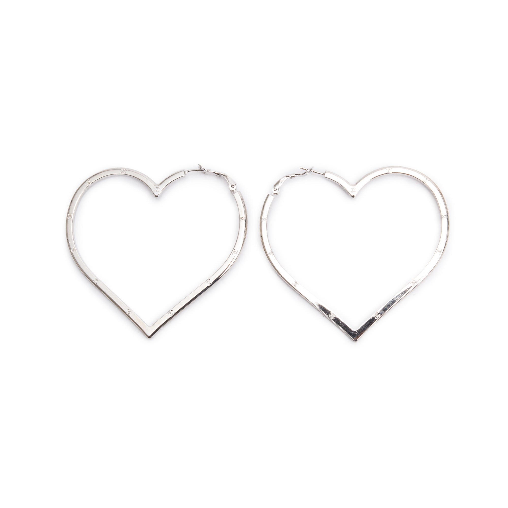 Chanel Palladium Plated CC Heart Hoop Earrings