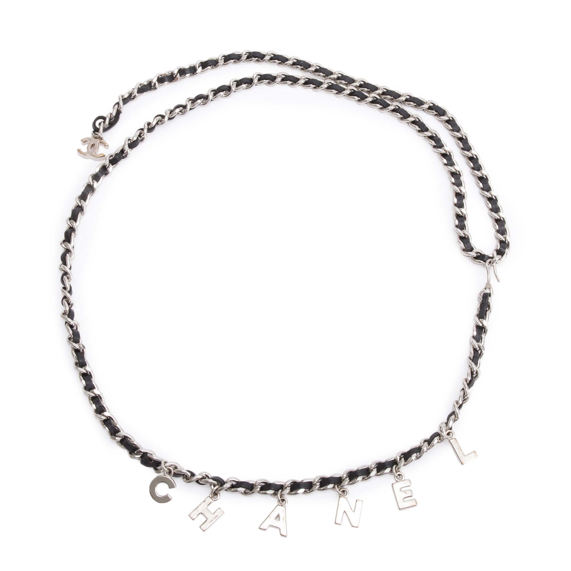 Chanel Palladium-Plated Chain-Link & Leather Interlocking CC Logo Letter Waist Belt