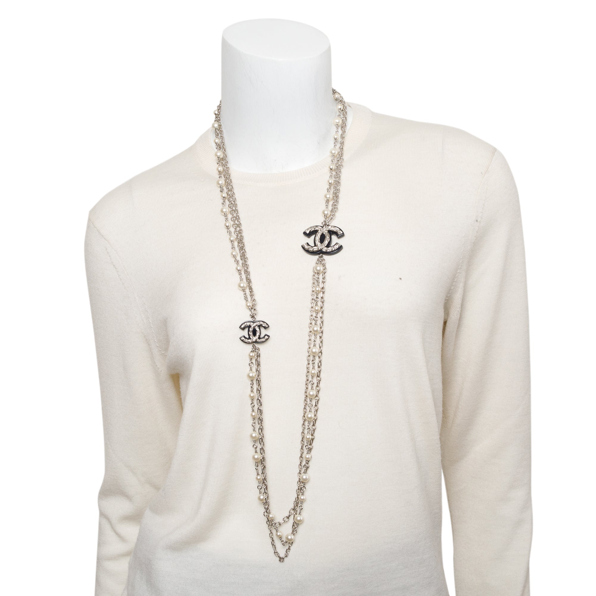 Chanel Palladium-Plated Faux Pearl Black Resin CC Multi Strand Long Necklace w/ Box & Receipt