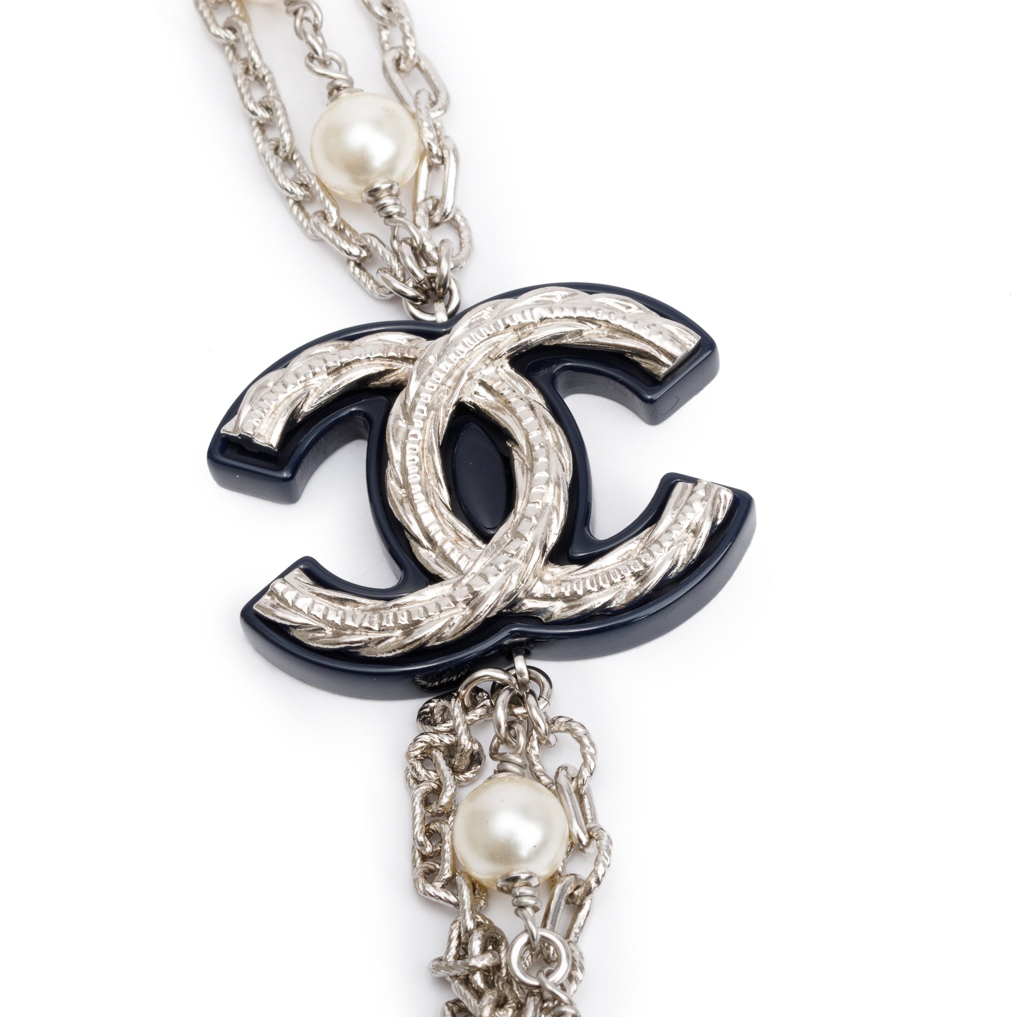 Chanel Palladium-Plated Faux Pearl Black Resin CC Multi Strand Long Necklace w/ Box & Receipt