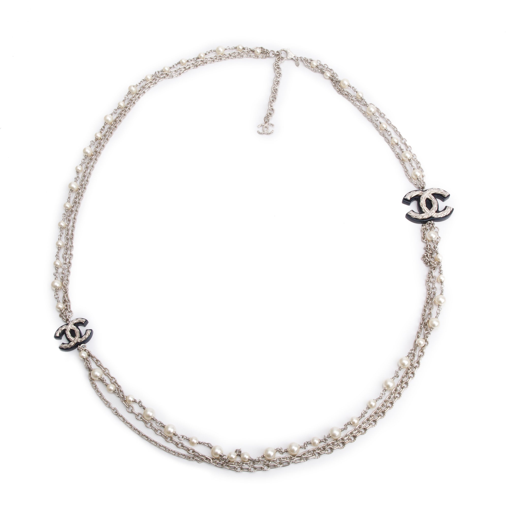 Chanel Palladium-Plated Faux Pearl Black Resin CC Multi Strand Long Necklace w/ Box & Receipt