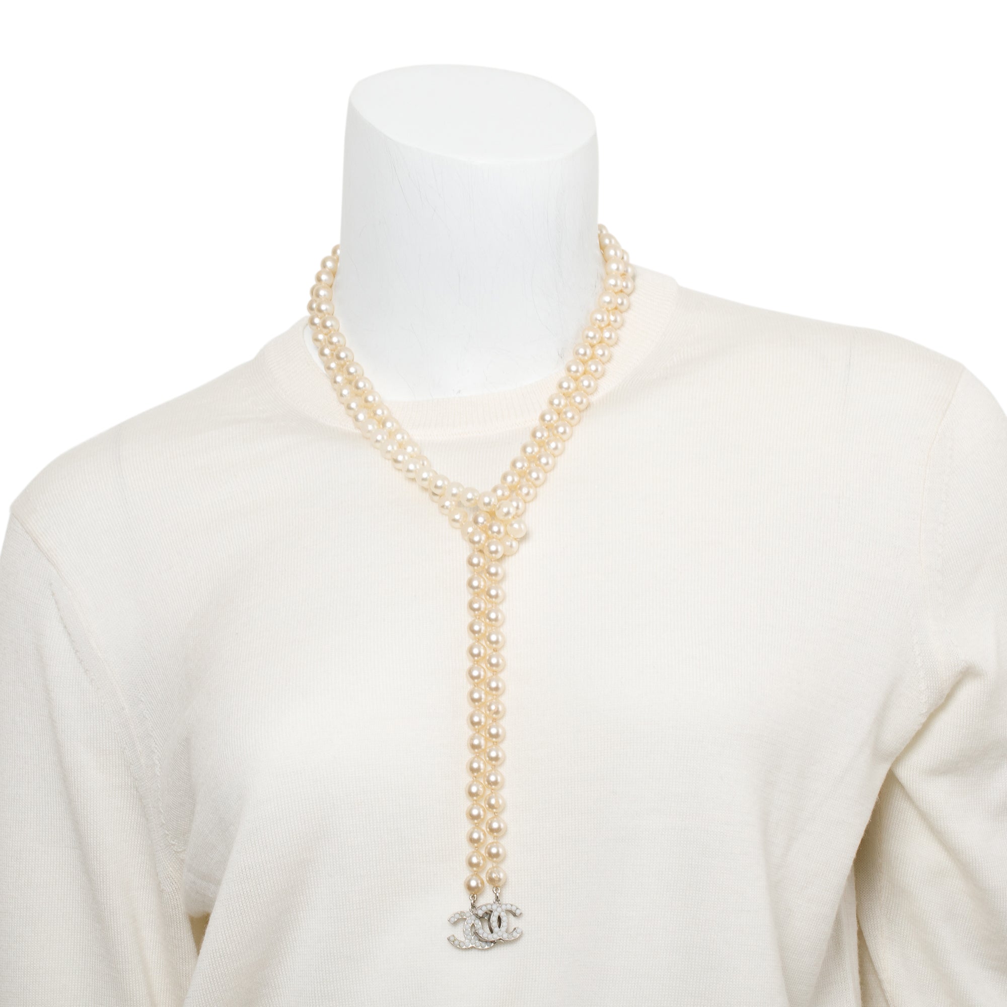 Chanel Palladium-Plated Faux Pearl CC Lariat Necklace