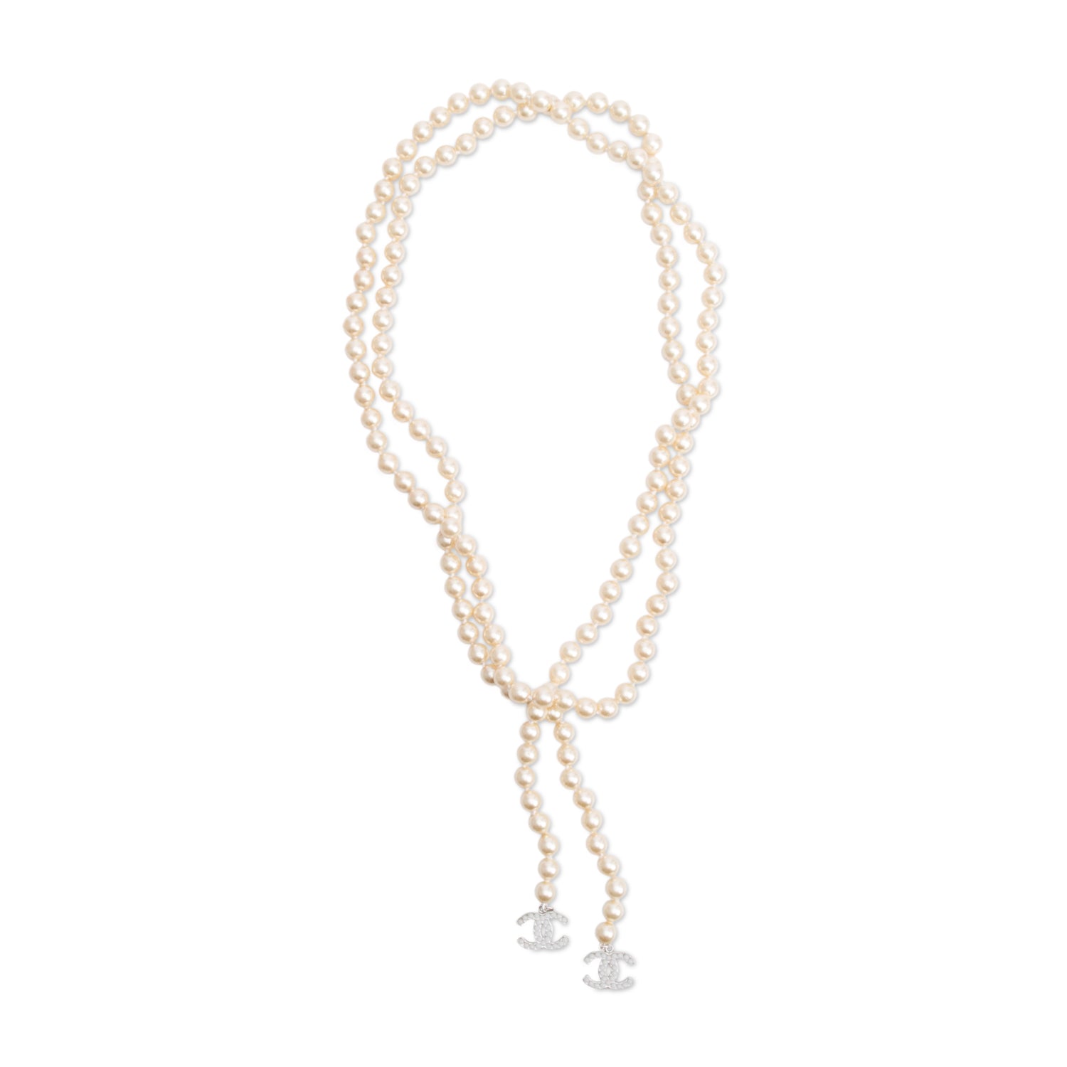 Chanel Palladium-Plated Faux Pearl CC Lariat Necklace w/ Box