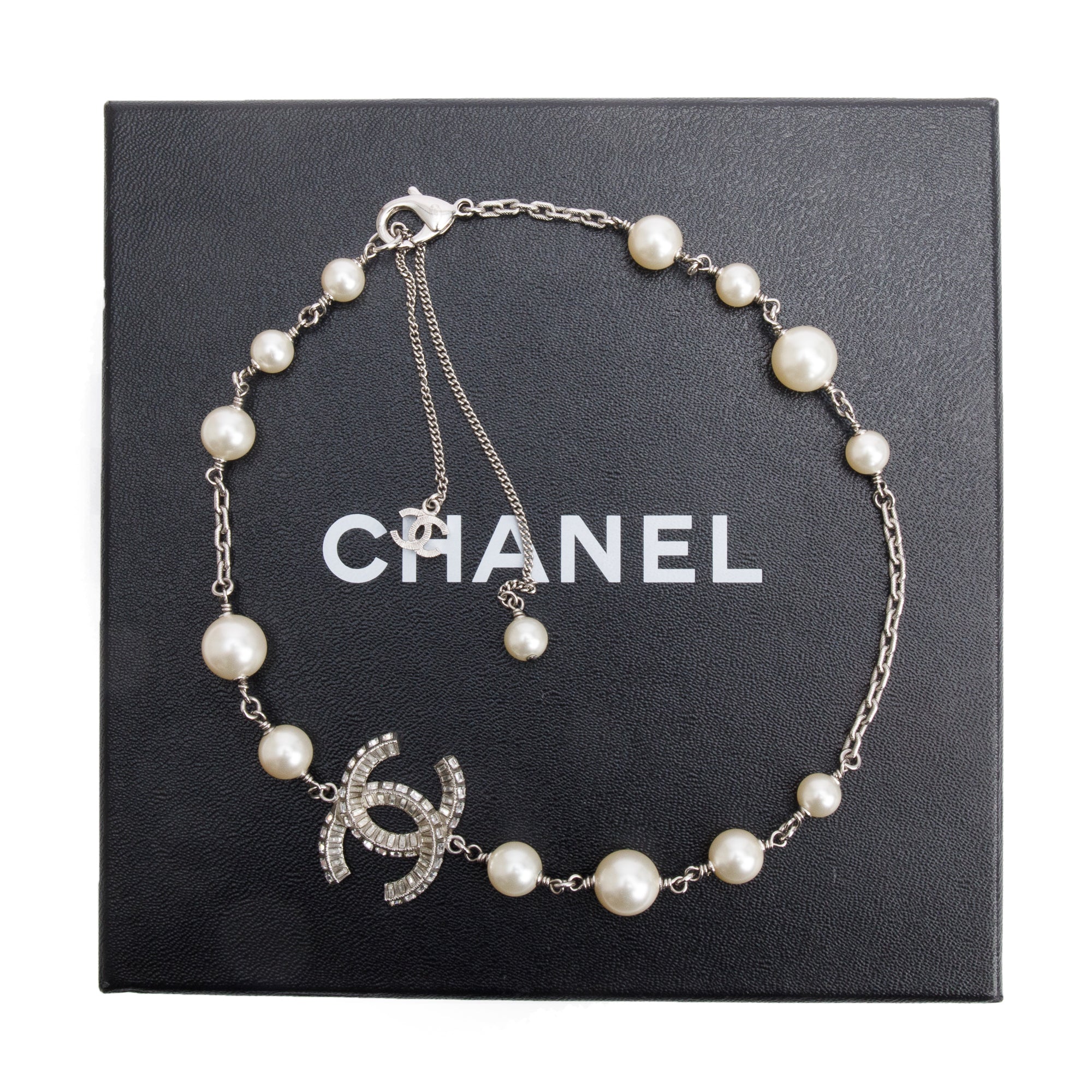 Chanel Palladium-Plated Faux Pearl & Strass CC Collar Necklace w/ Box