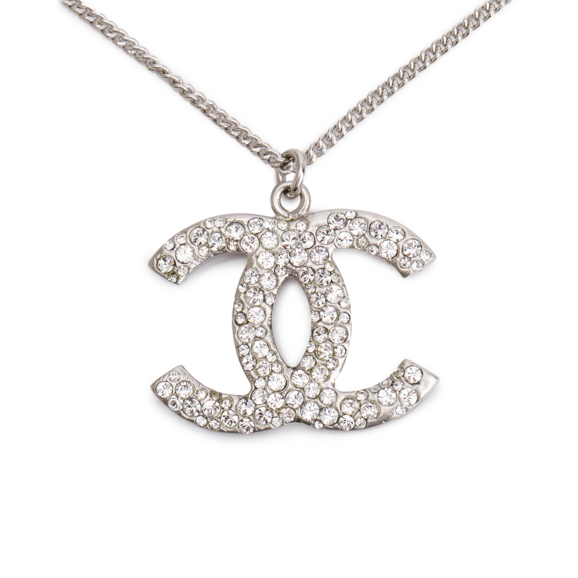Chanel Palladium-Plated Metal Strass CC Pendant Necklace