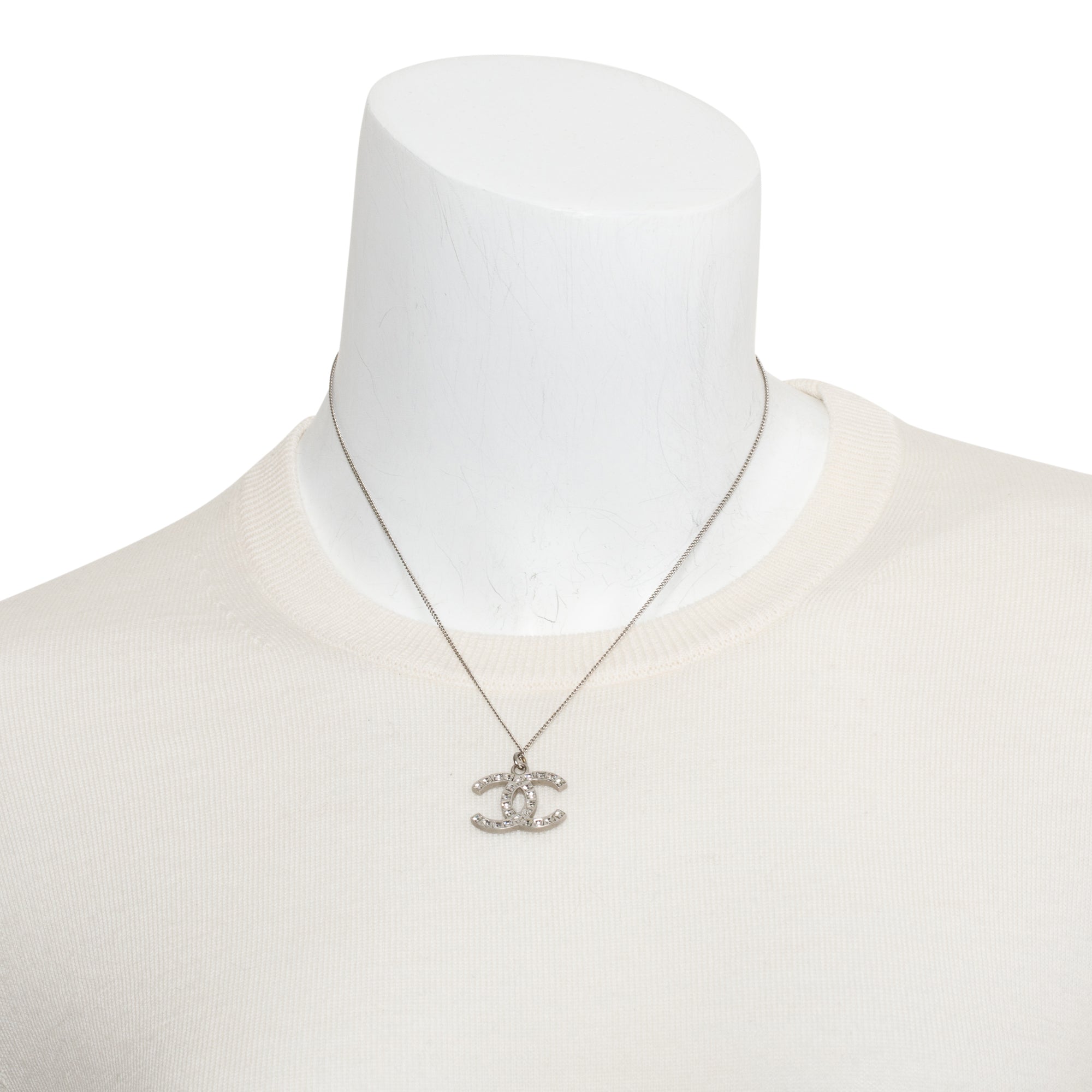 Chanel Palladium-Plated Metal Strass CC Pendant Necklace