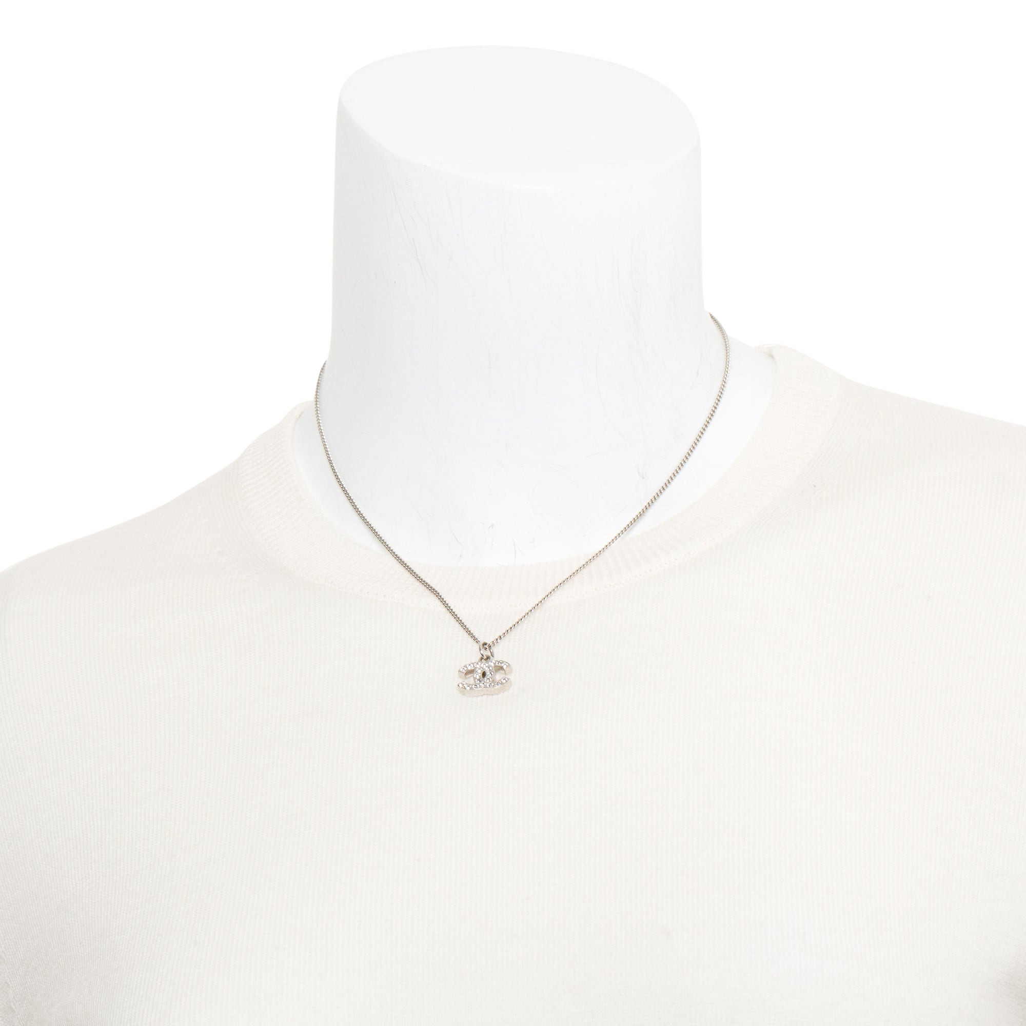 Chanel Palladium-Plated Metal Strass CC Pendant Necklace