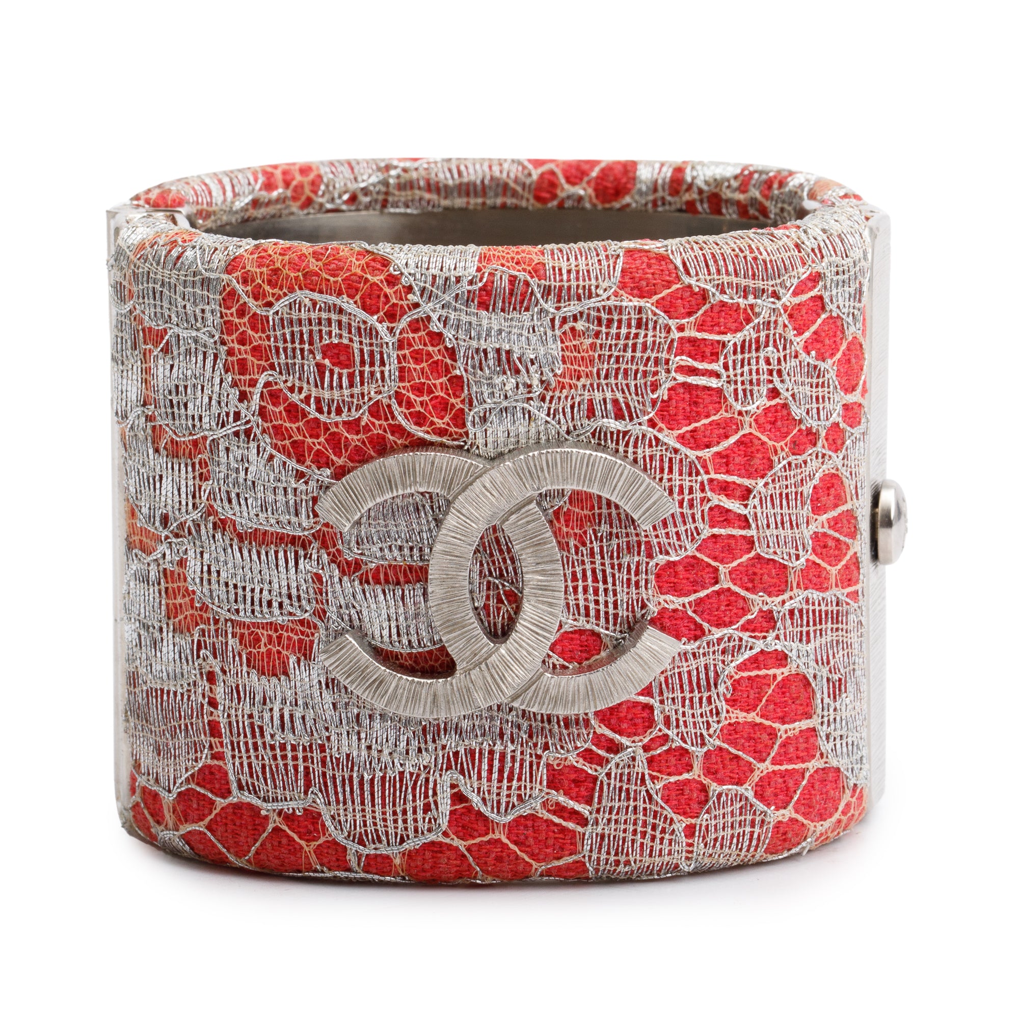 Chanel Palladium Plated Red Tweed CC Cuff Bracelet
