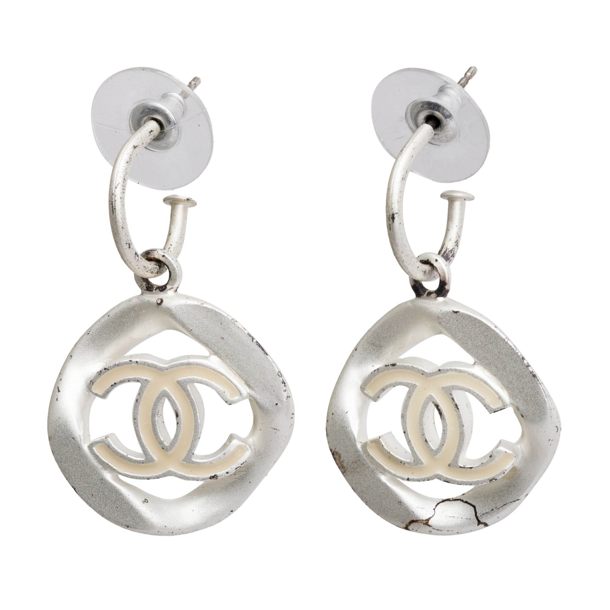 Chanel Palladium Plated Silver Enamel Round CC Drop Earrings