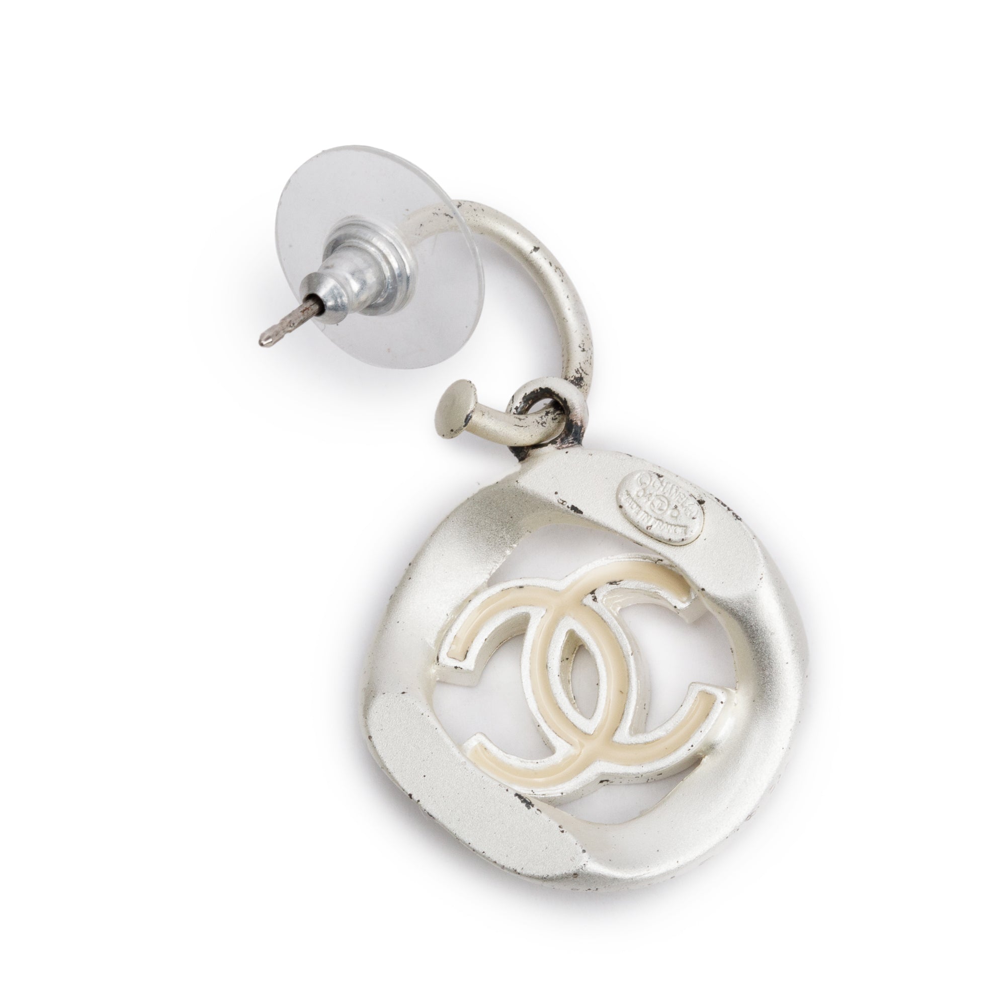 Chanel Palladium Plated Silver Enamel Round CC Drop Earrings