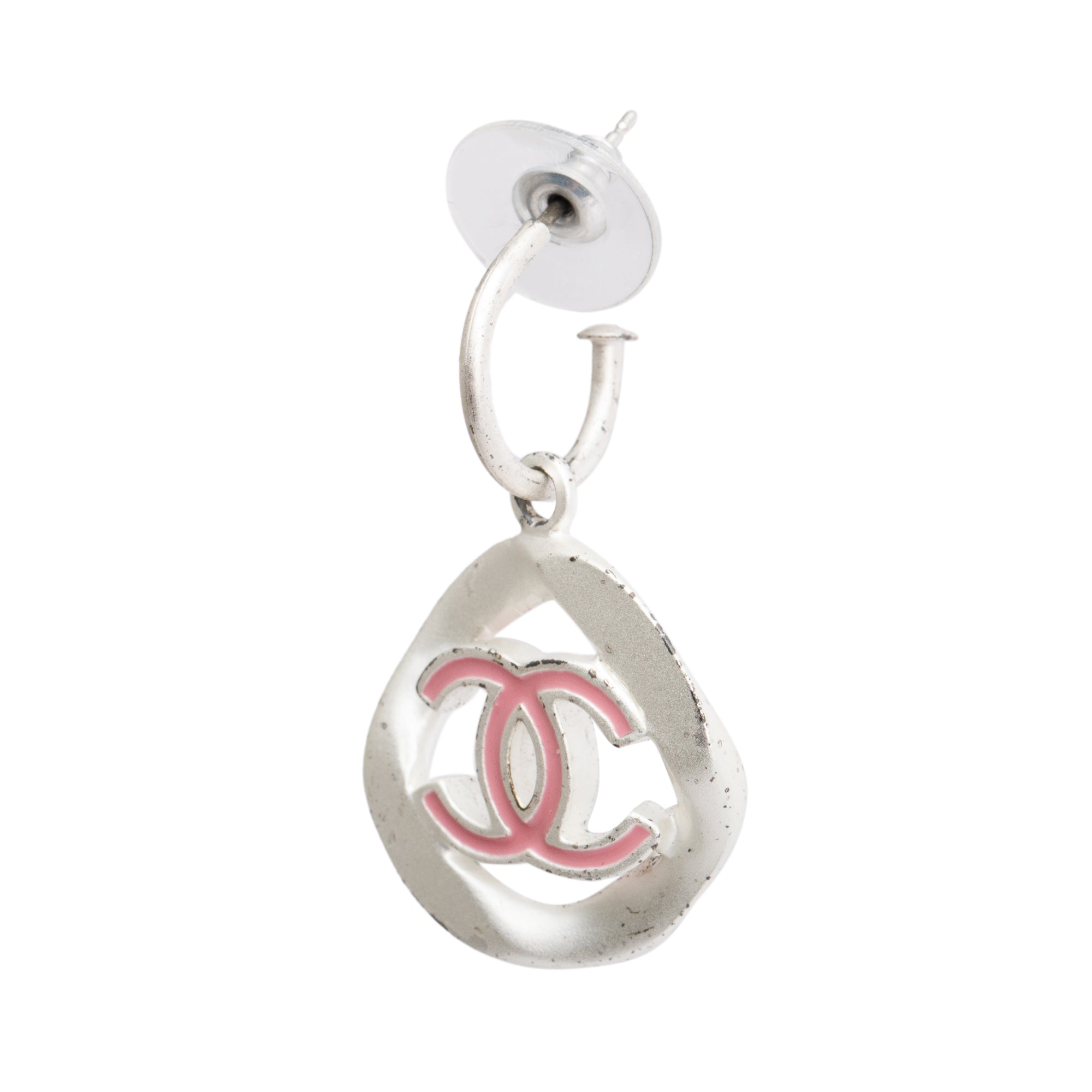 Chanel Palladium Plated Silver Pink Enamel Round CC Drop Earrings