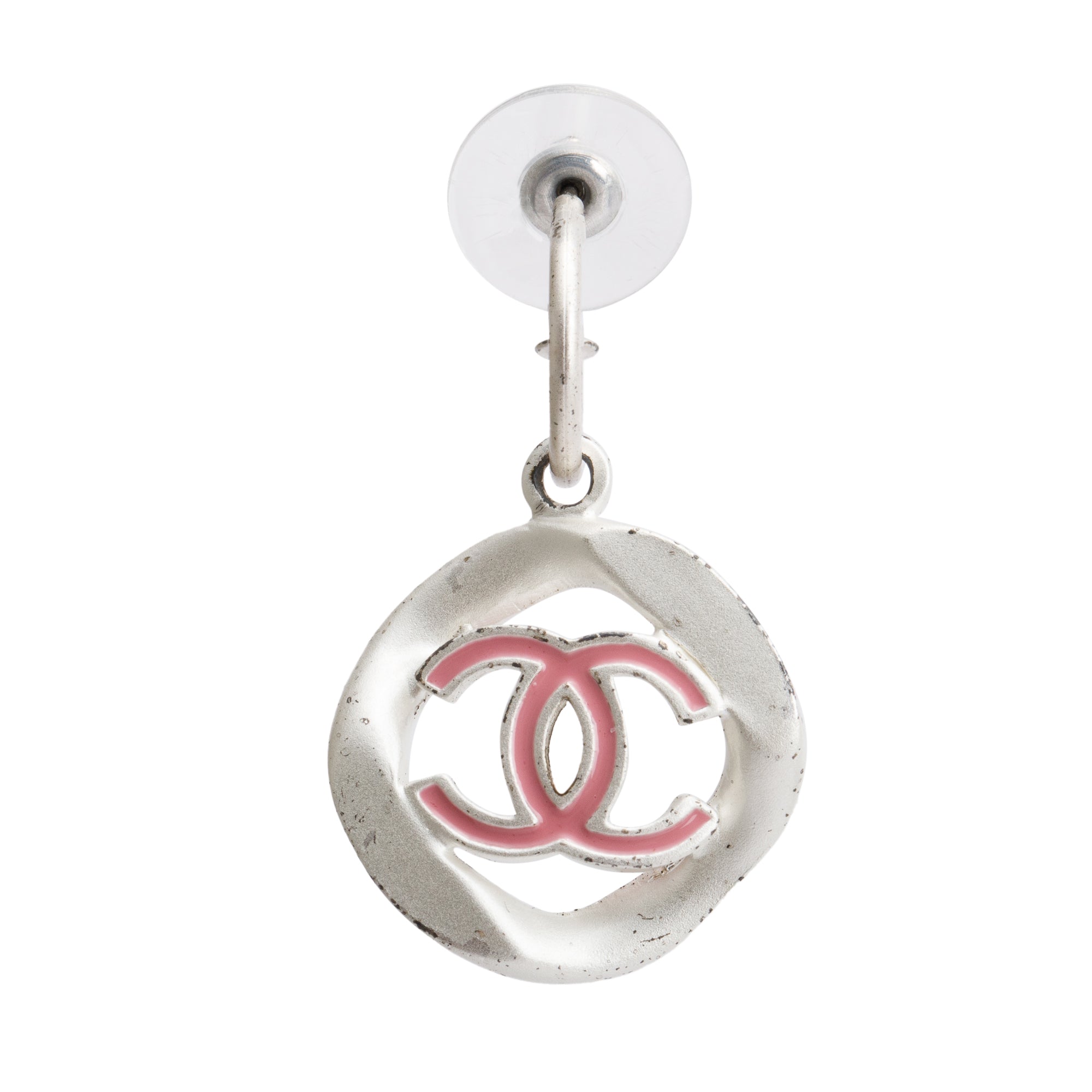 Chanel Palladium Plated Silver Pink Enamel Round CC Drop Earrings