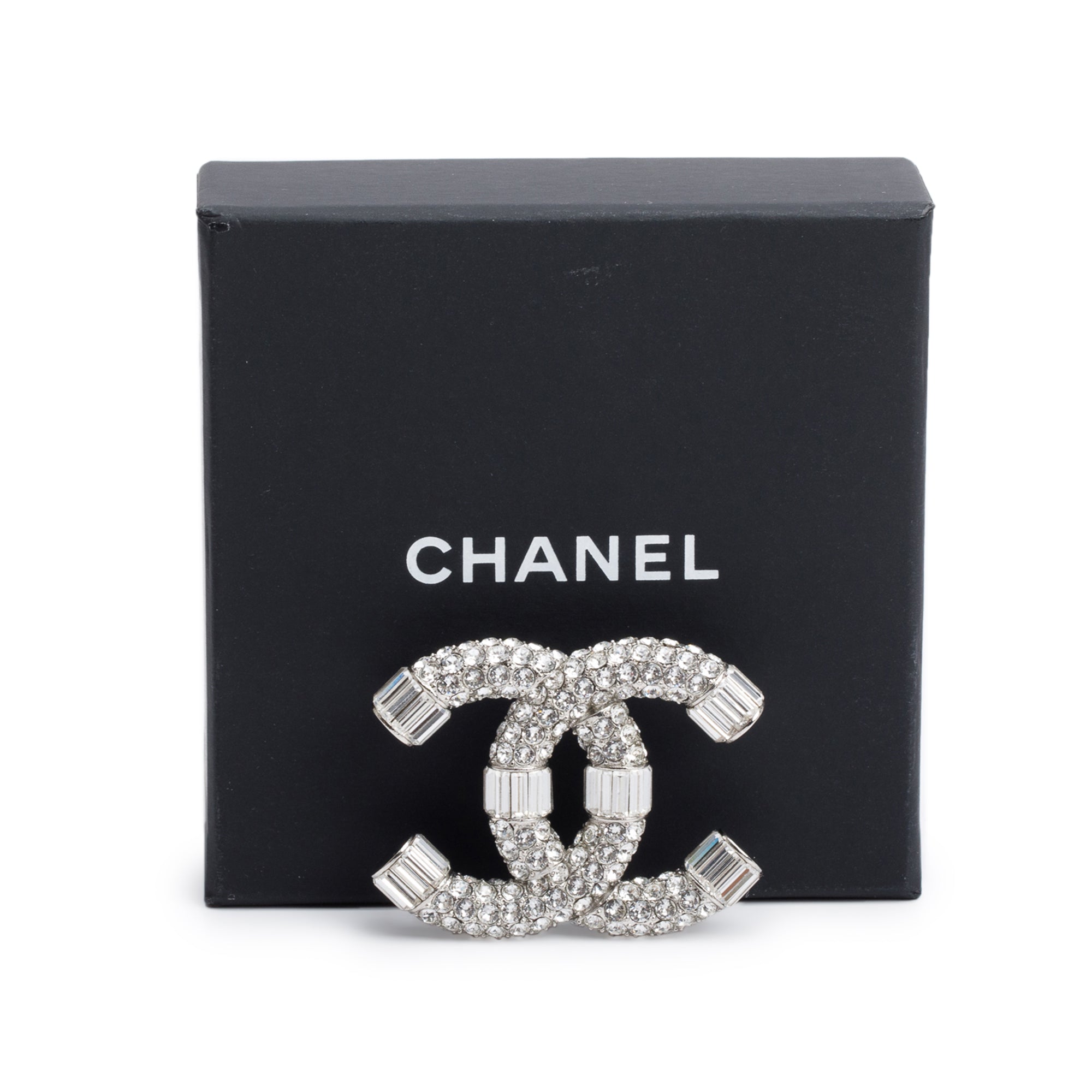 Chanel Palladium Plated Strass CC Brooch w/ Box