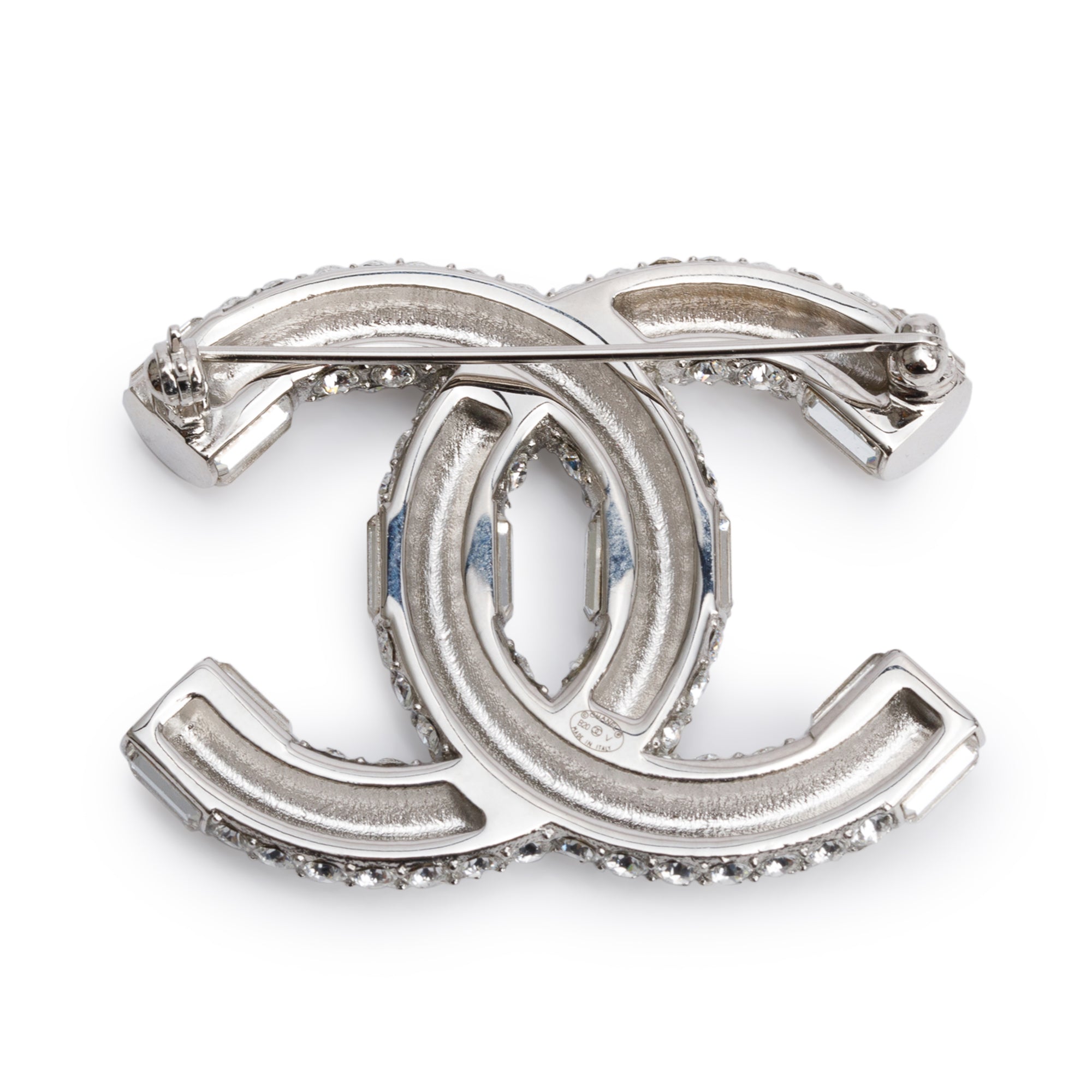 Chanel Palladium Plated Strass CC Brooch w/ Box