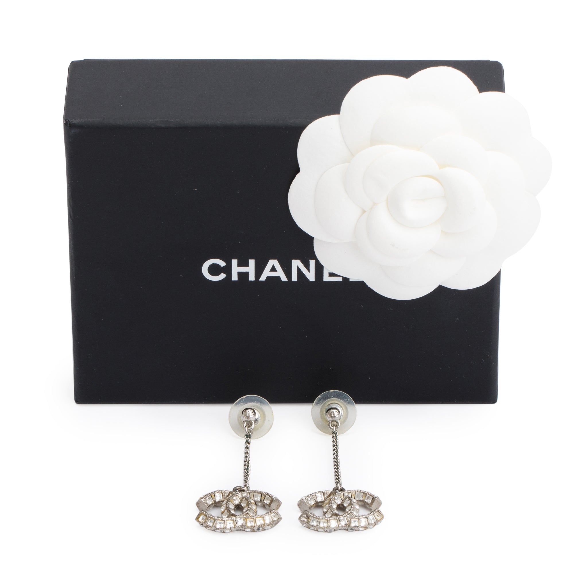 Chanel Palladium Plated Strass CC Drop Earrings w/ Box