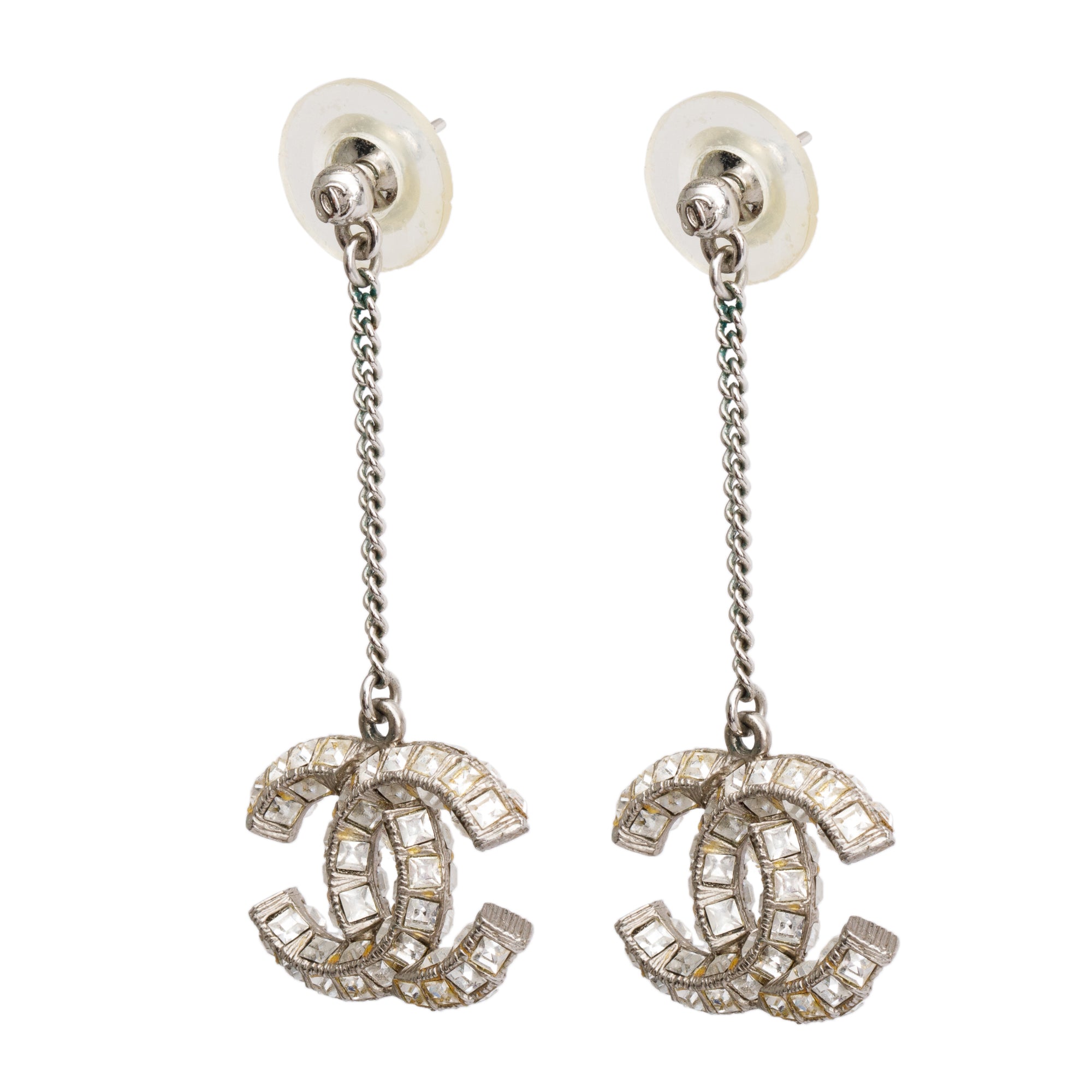 Chanel Palladium Plated Strass CC Drop Earrings w/ Box