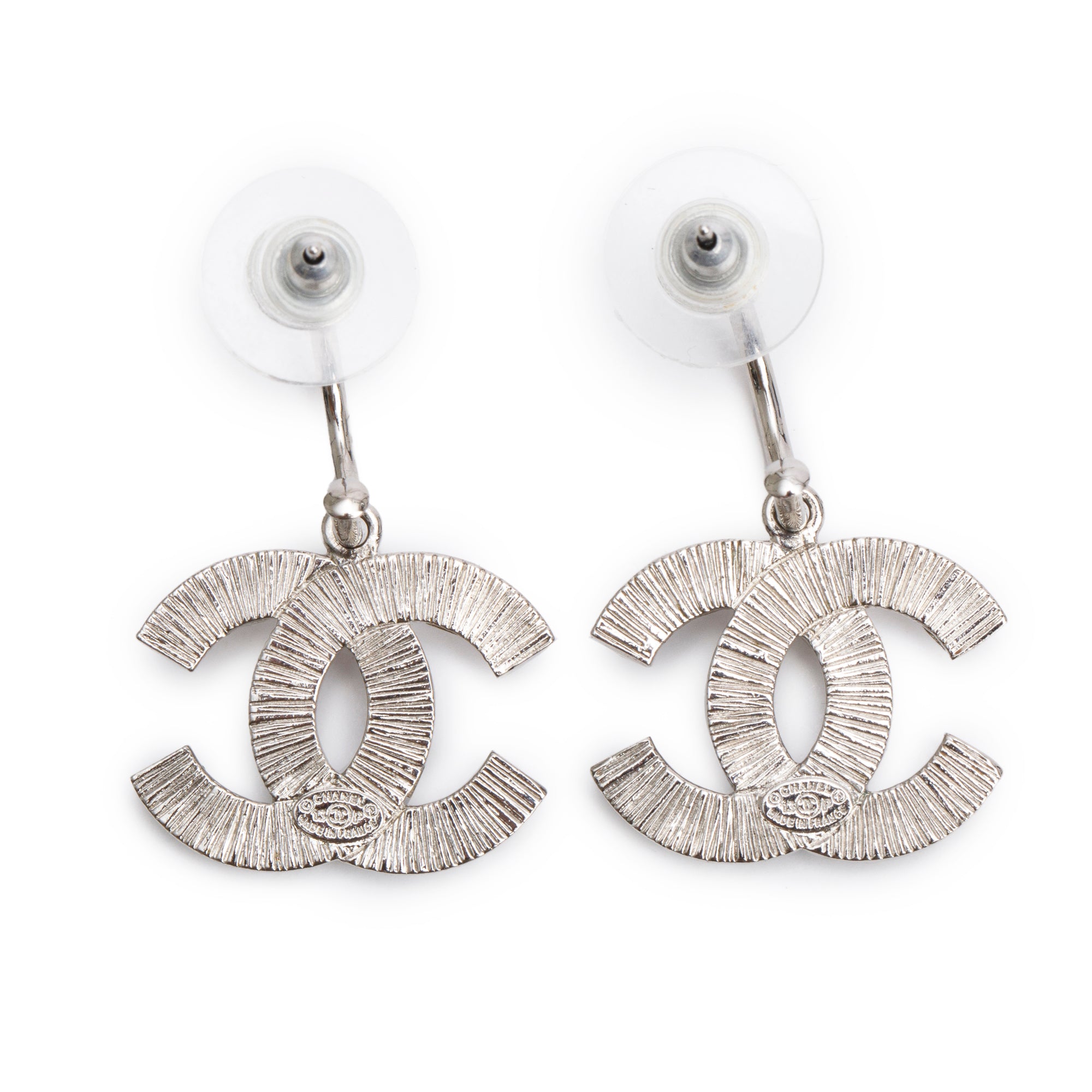 Chanel Palladium Plated Strass CC Drop Earrings w/ Box