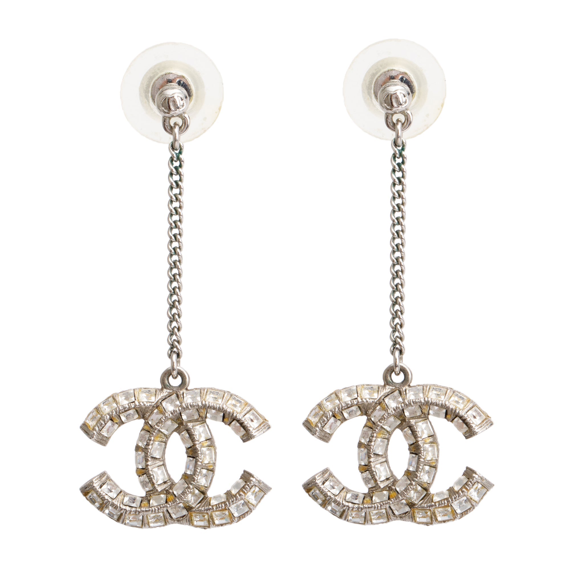 Chanel Palladium Plated Strass CC Drop Earrings w/ Box