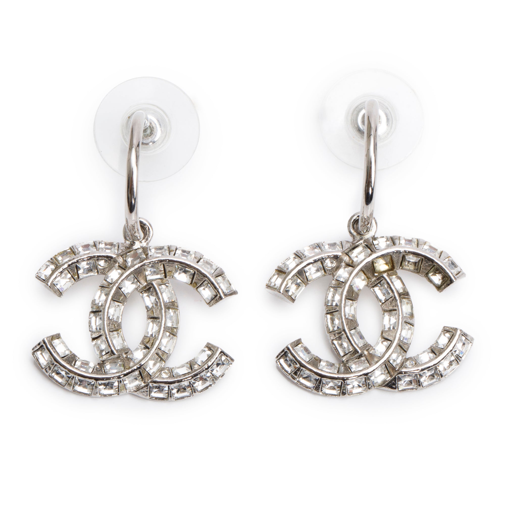 Chanel Palladium Plated Strass CC Drop Earrings w/ Box